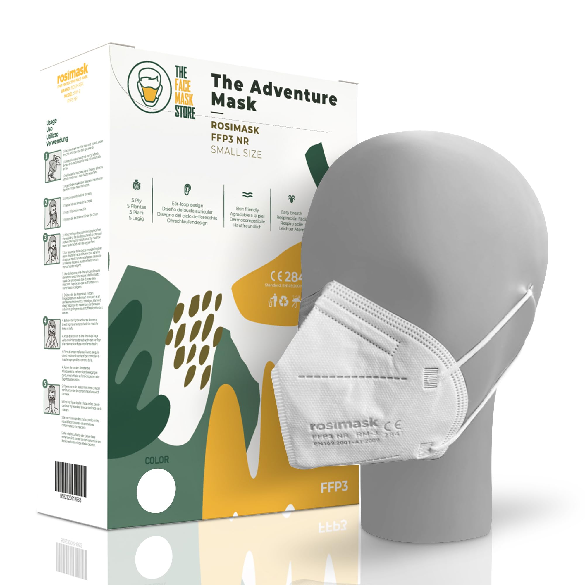 Masque FFP3 Blanc Petite Taille 10 pcs, certifiés CE 2841, Super Respirant, 5 Couches sans Valve