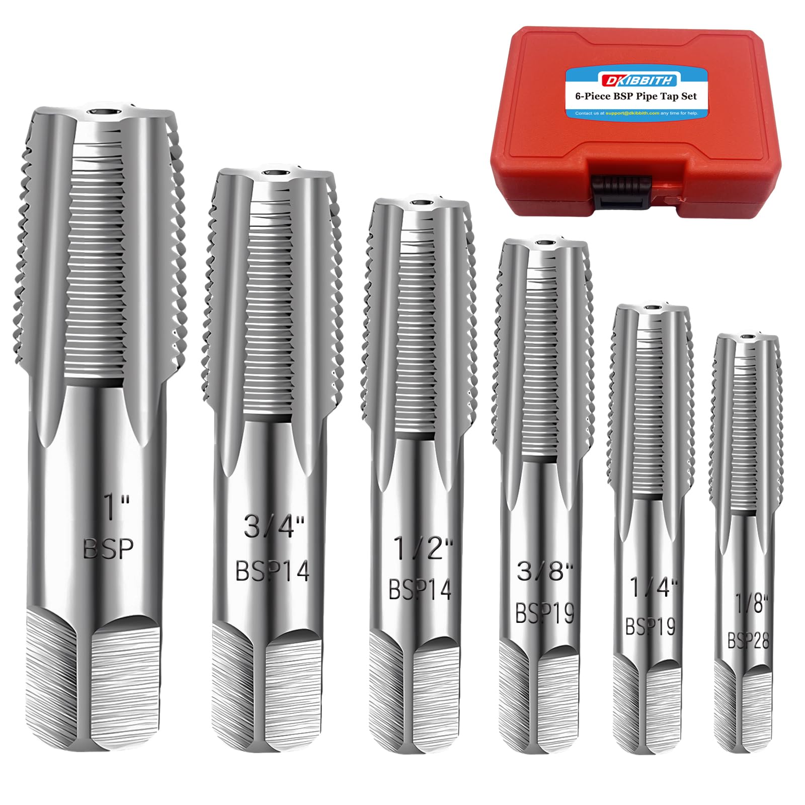 Lot de 6 tarauds BSP de 2,5 cm, 3/4", 1/2", 3/8", 1/4", 1/8", en acier au carbone, ensemble de tarauds de plomberie pour filetage précis, assortiment d'outils de coupe de filetage.