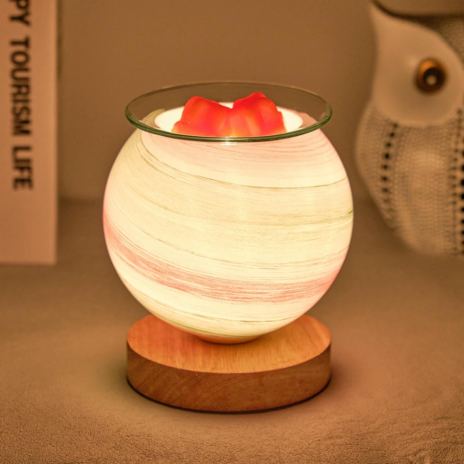 Wax Warmer for Scented Wax Melts,Wax Melt Warmer with Timer,Scentsy Wax Warmer,Wax Burner for Scented Wax,Dimmable Glass and Wood Moon Lamp Light for Bedroom,Cute Home Decor Gift, (Green)