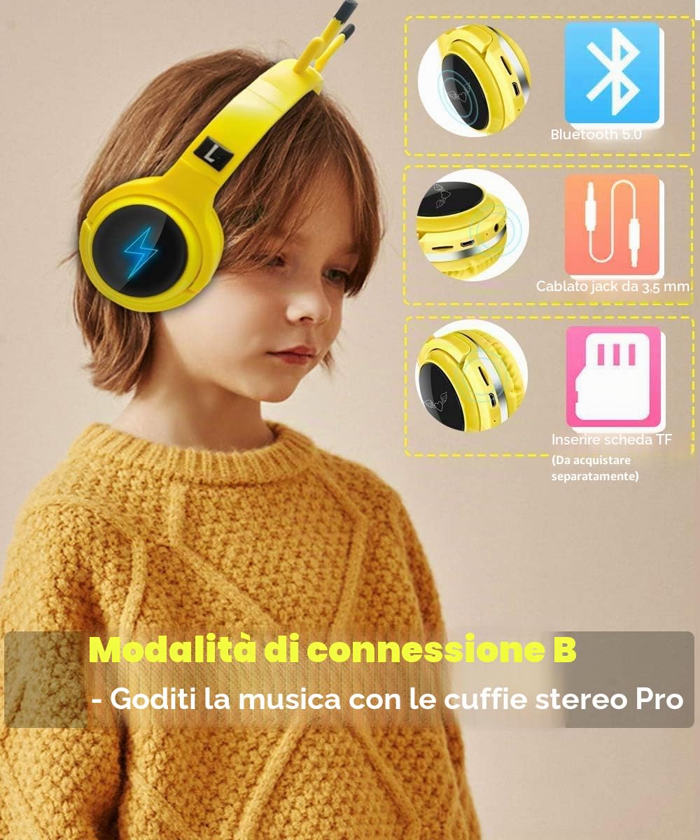 SVYHUOK Cuffie Wireless Bluetooth Bambini per Ragazzi Bambine, Giallo Cuffie con Microfono, Cuffie Over Ear Pieghevole con Luci a LED per cellulare/tablet/PC/laptop/IPad Compleanno Xmas Regali