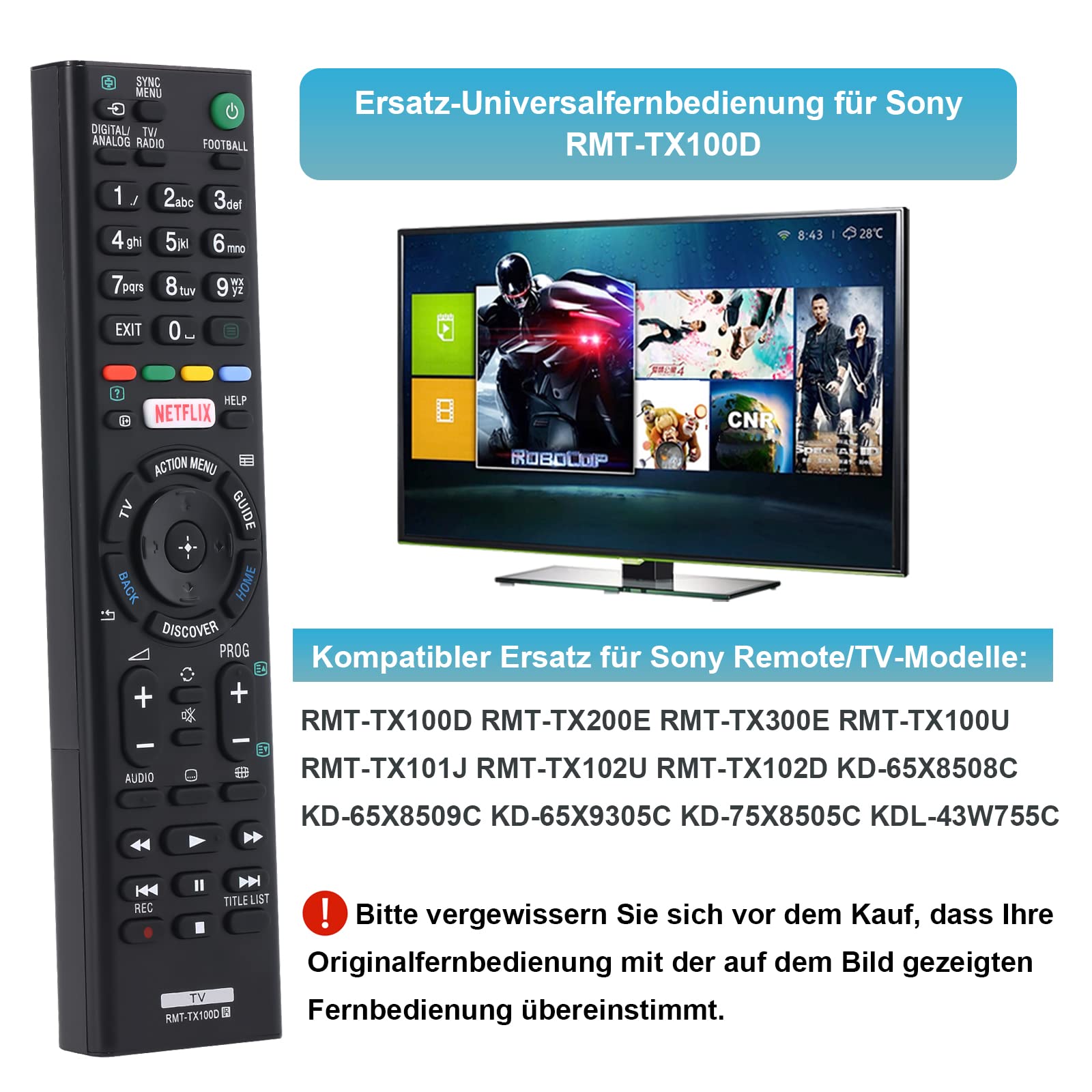 Mando A Distancia De Reemplazo LMZMYTX Para Sony Bravia RMT-TX100D - Compatible Con Varios Modelos De TV Sony