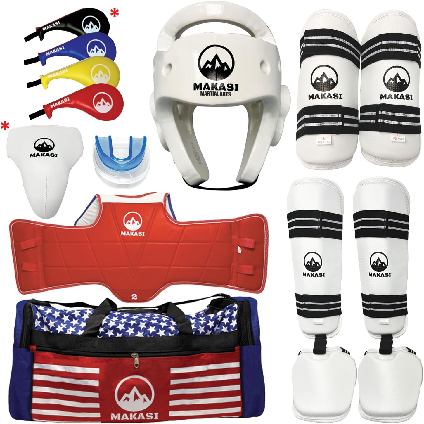 Martial Arts Taekwondo Sparring Gear Equipment Set Headgear Shin Instep Arm Chest Mouthguard Bag