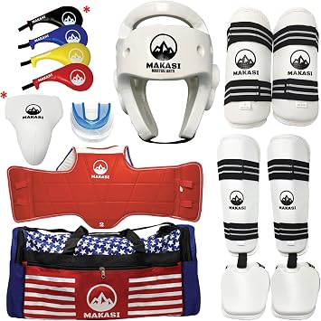 Martial Arts Taekwondo Sparring Gear Equipment Set Headgear Shin Instep Arm Chest Mouthguard Bag