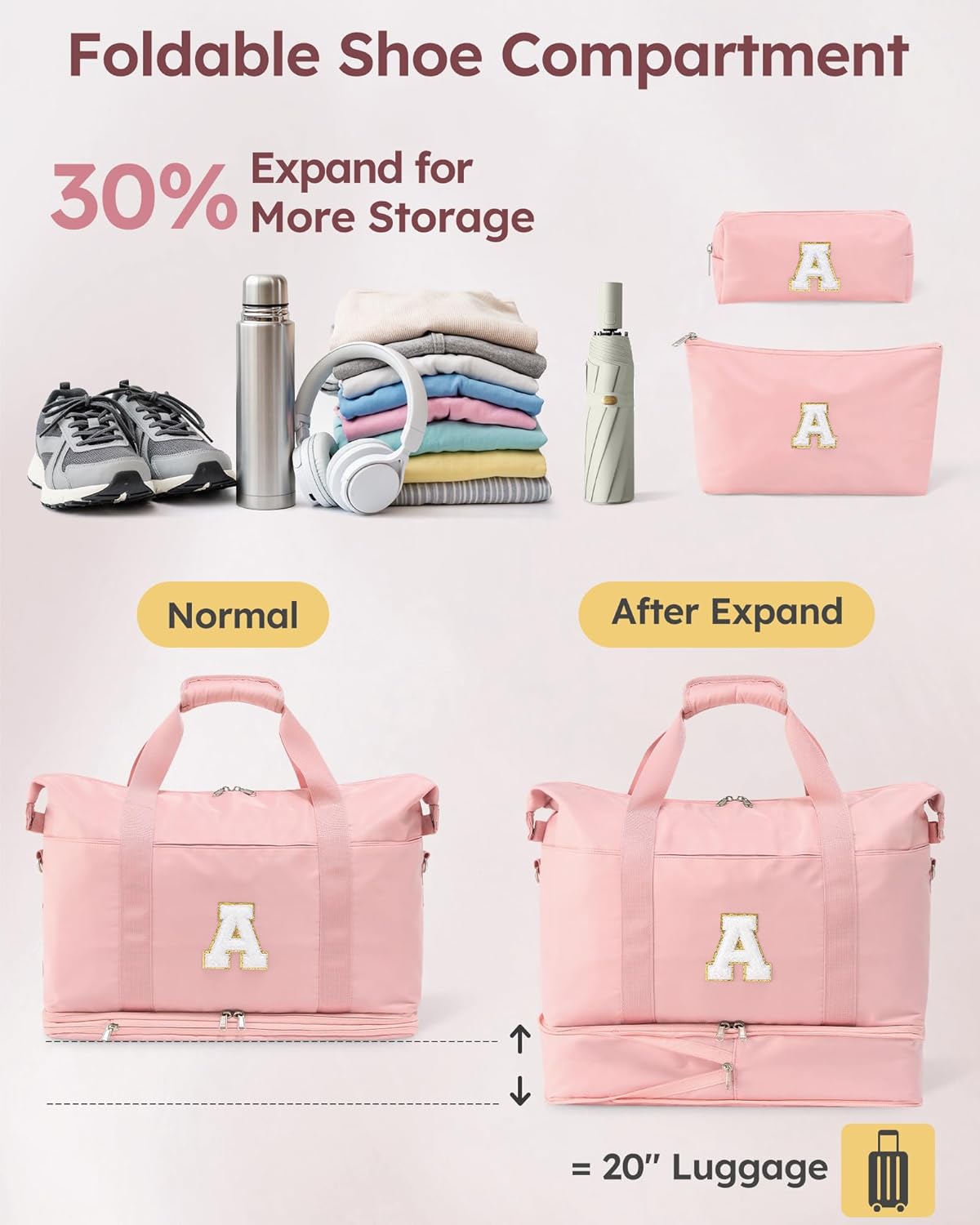 Weekender Bag for Women with Shoe Compartment, Travel Duffle Bag with Makeup Pouch,Birthday Gift for Her,Light Pink,Letter A - Image 3