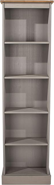 Home Source Solid Pine Bookcase Tall Narrow Display Shelving Storage Furniture, Grey, 5 Tier