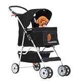 FDW Pet Stroller 4-Wheel Dog Cat Stroller Travel Folding Carrier with Cup Holder and Removable Liner for Small Medium Dogs Cats, Dark Black