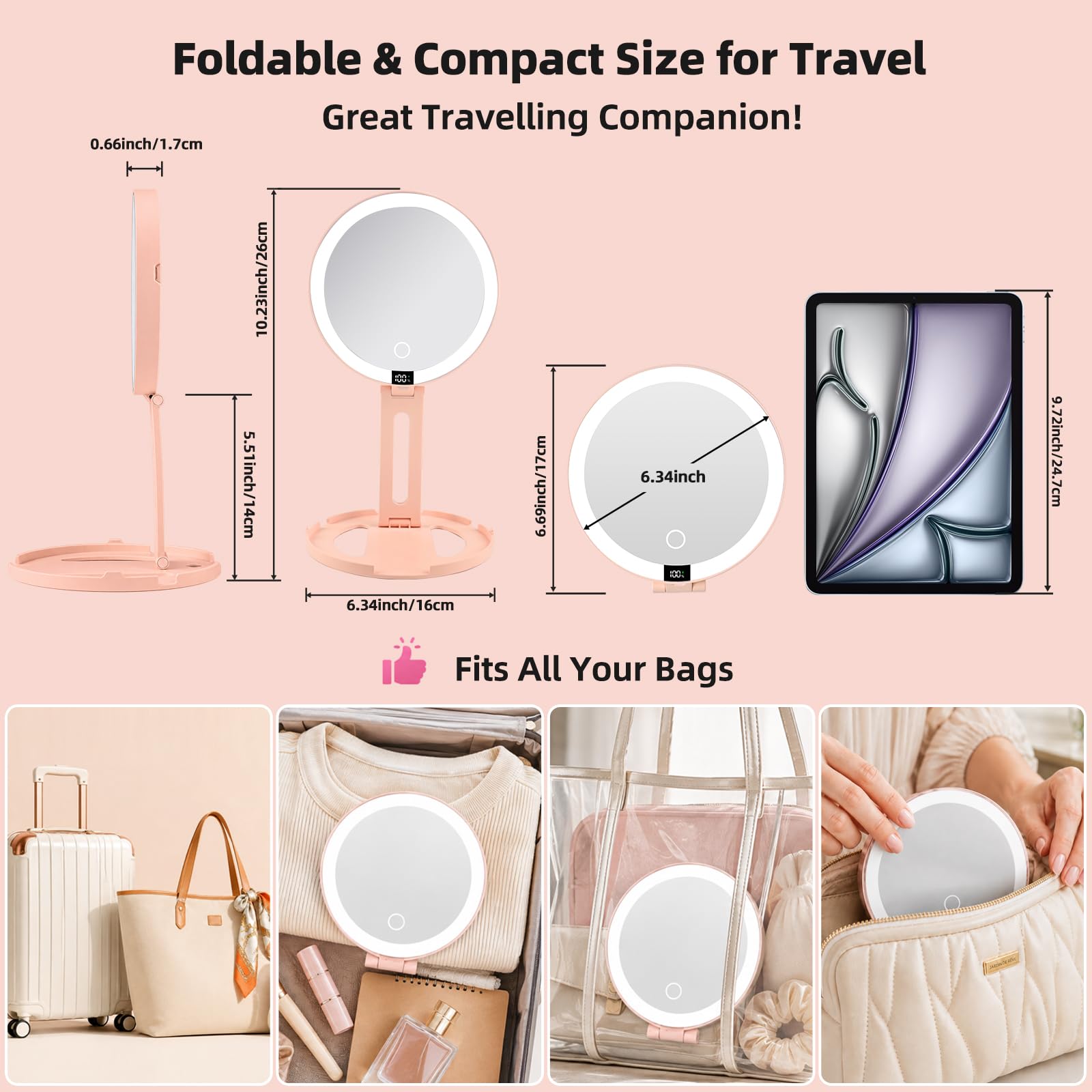 HAISSKY Specchio da viaggio per il trucco, portatile a doppio lato, ingrandimento 20X/1X, con luce a 3 colori e interruttore touch, specchio compatto pieghevole da appendere, regalo per donne