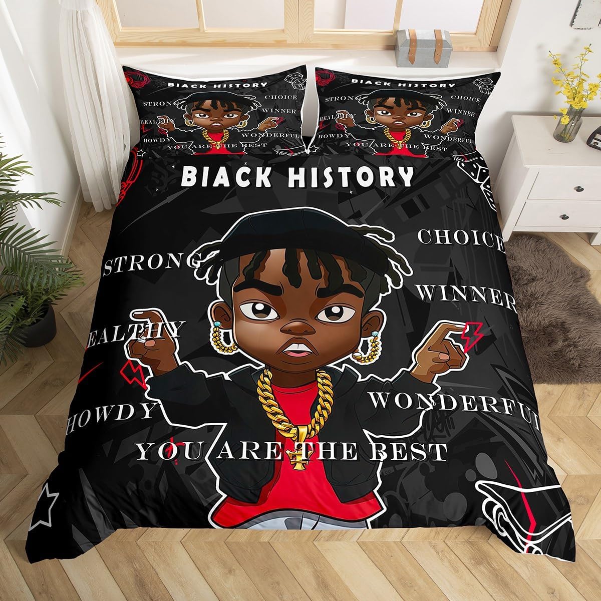 Erosebridal 2Pcs Black Boy Duvet Cover Black History Graffiti Style Comforter Cover, Hip Hop Boy Bedding Set for Kids Boys Girls Cartoon Anime Black Afro Boy Bed Cover Twin Size, 1 Pillowcase