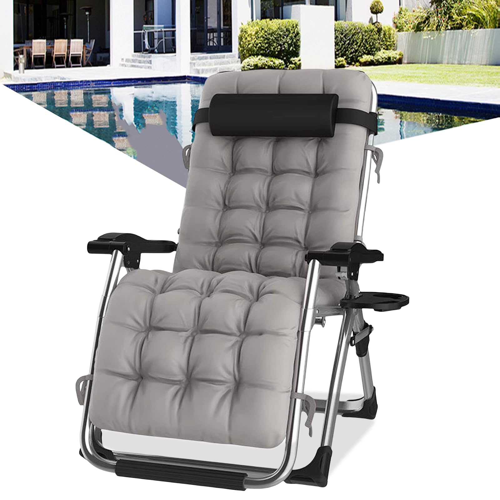 Tumbonas Gravedad Cero, Tumbona de Relax Silla de Jardín Plegable, para Playa, Piscina, Terraza,Camping.Carga Máxima 200kg (A-con Cojín Gris, Set de 1)
