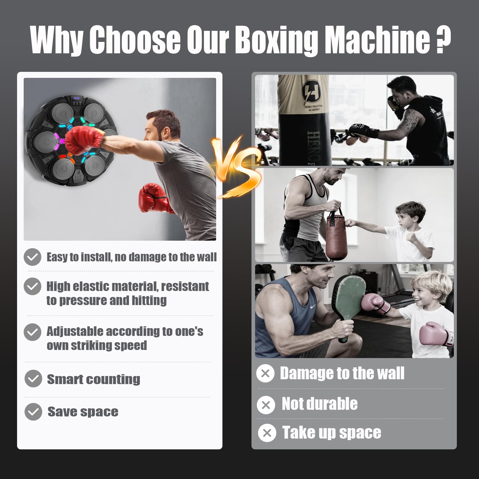 Macchina da boxe musicale, gioco intelligente da parete Bluetooth con guantoni da boxe, velocità e modalità di conteggio regolabili, attrezzatura da palestra per bambini, macchina da boxe per