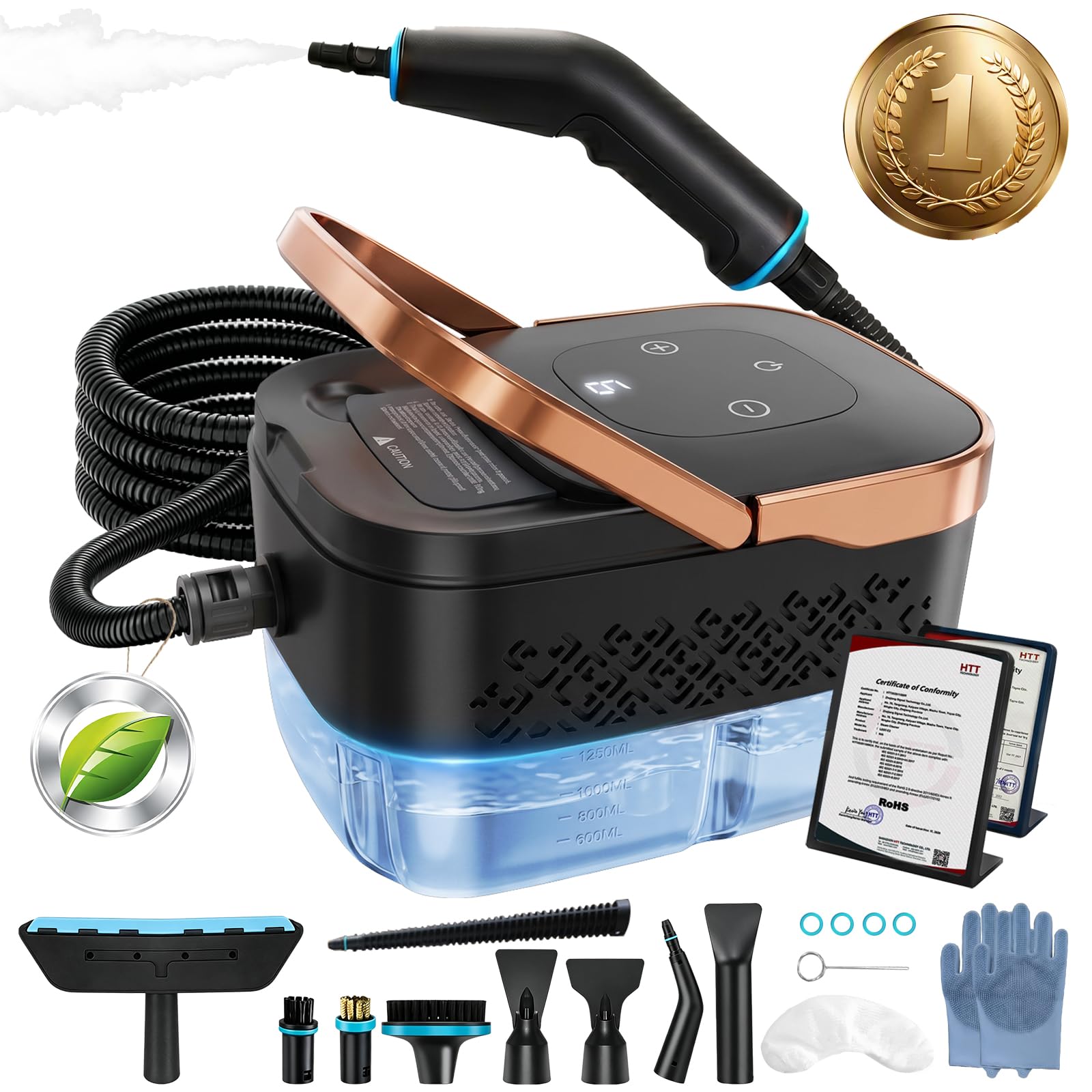 Dampfreiniger Handgerät, 2500W 4 Bar Dampfreiniger für alles (Schwarz) | 1250ml Tank, 15s Aufheizzeit, 6 Dampfstufen, 4 Bar Druck, 13-tlg. Zubehör für Boden, Bad, Fenster & Auto