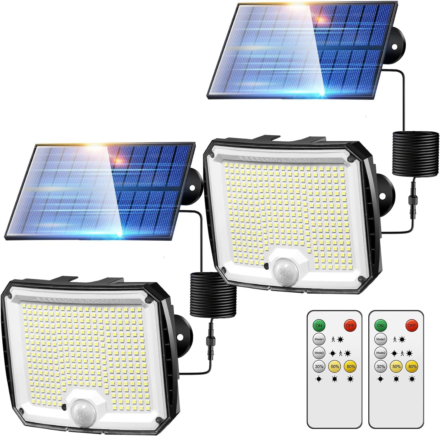 PIKOY Solar Motion Lights Outdoor Waterproof, [Upgraded 318LED/33FT/5 Modes] Solar Security Lights,Remote+IP65 Solares Lamparas Solares para Exteriores Grandes Sin Sensor De Movimiento 2 Pack