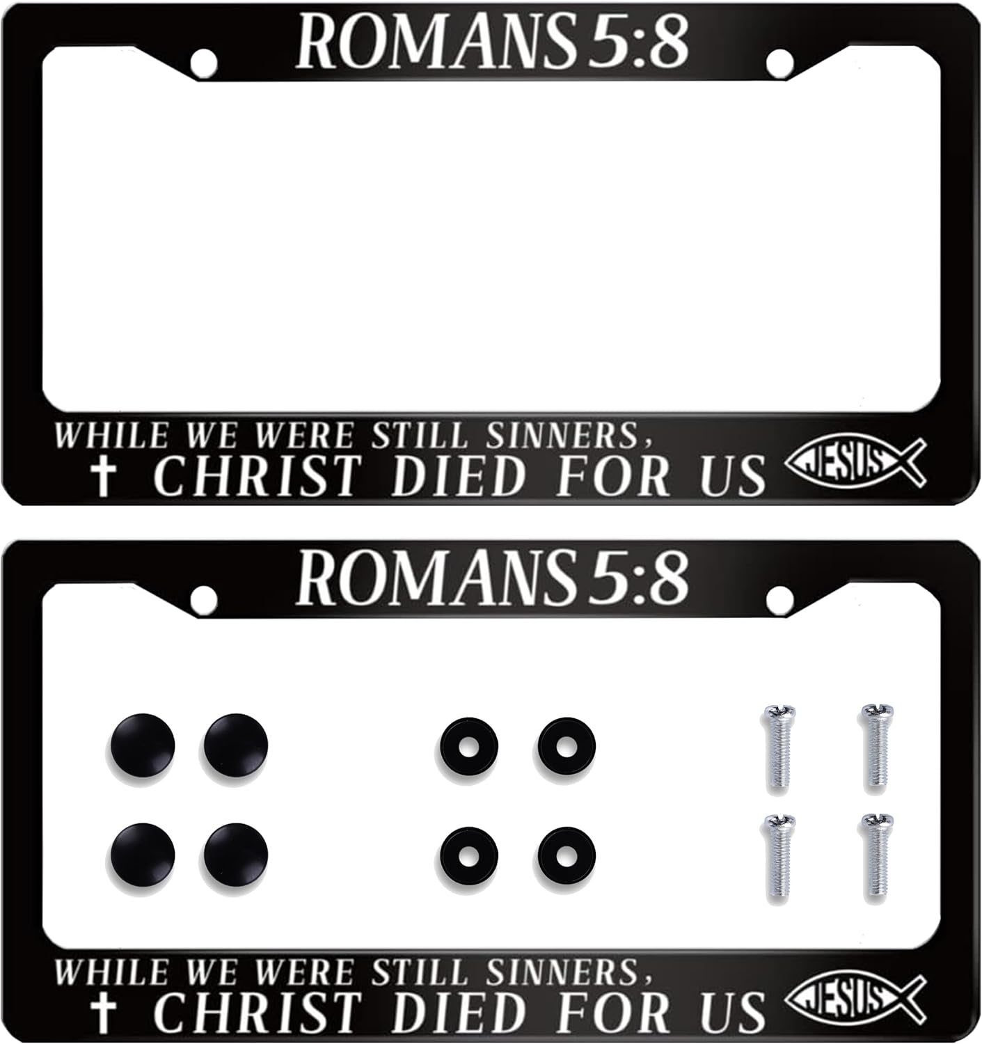 Jesus Bible Verses Romans 5：8 License Plate Frame Christian Stainless Steel Car Accessories Personalized License Plate Holder Fits Standard U.S. Vehicles Size: 12.2 x 6 Inches for Men Women 2 Pack