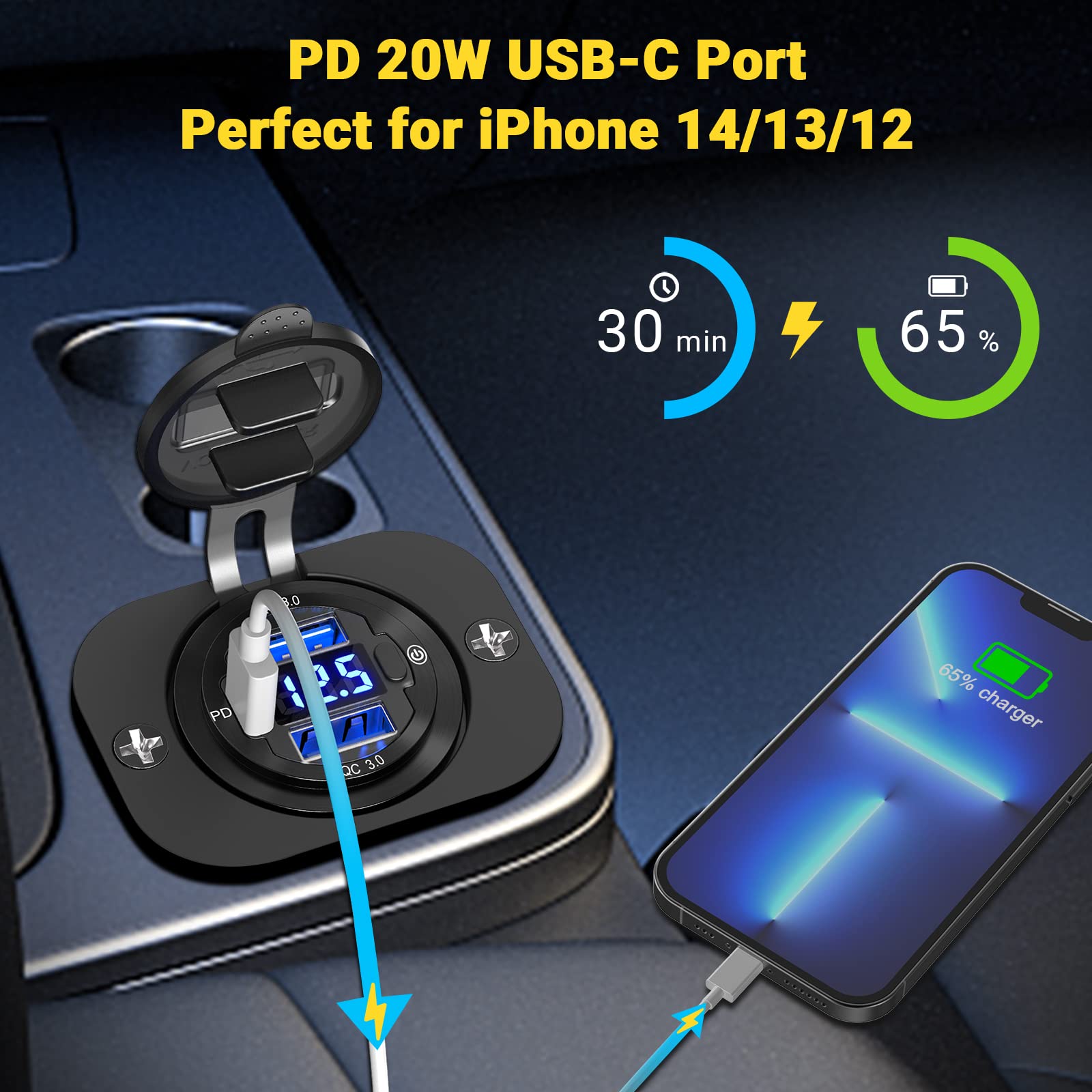 <3-USB Alluminio> Qidoe Presa USB 12V/24V DC per Auto, Doppia QC 3.0 e PD USB C Incasso Impermeabile Prese con Interruttore Voltmetro Ricarica Rapida iPhone, SamSung, Barca, Camion, Caravan, Moto
