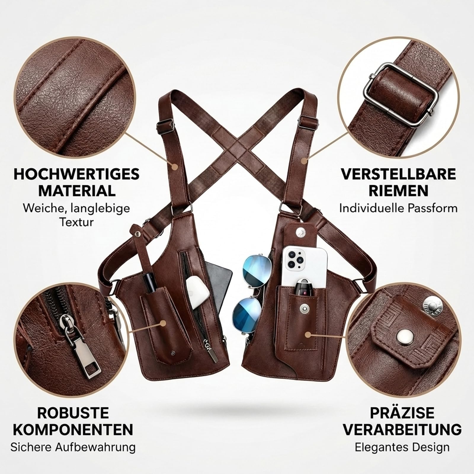 Holster Tasche Herren, Brusttasche Herren Für Vielseitige Nutzung, Doppel-Schultertache Aus PU-Leder, Robuste Herren-Schultertaschen Im Klassischen Braun, Brusttasche Für Reise, Business & Outdoor