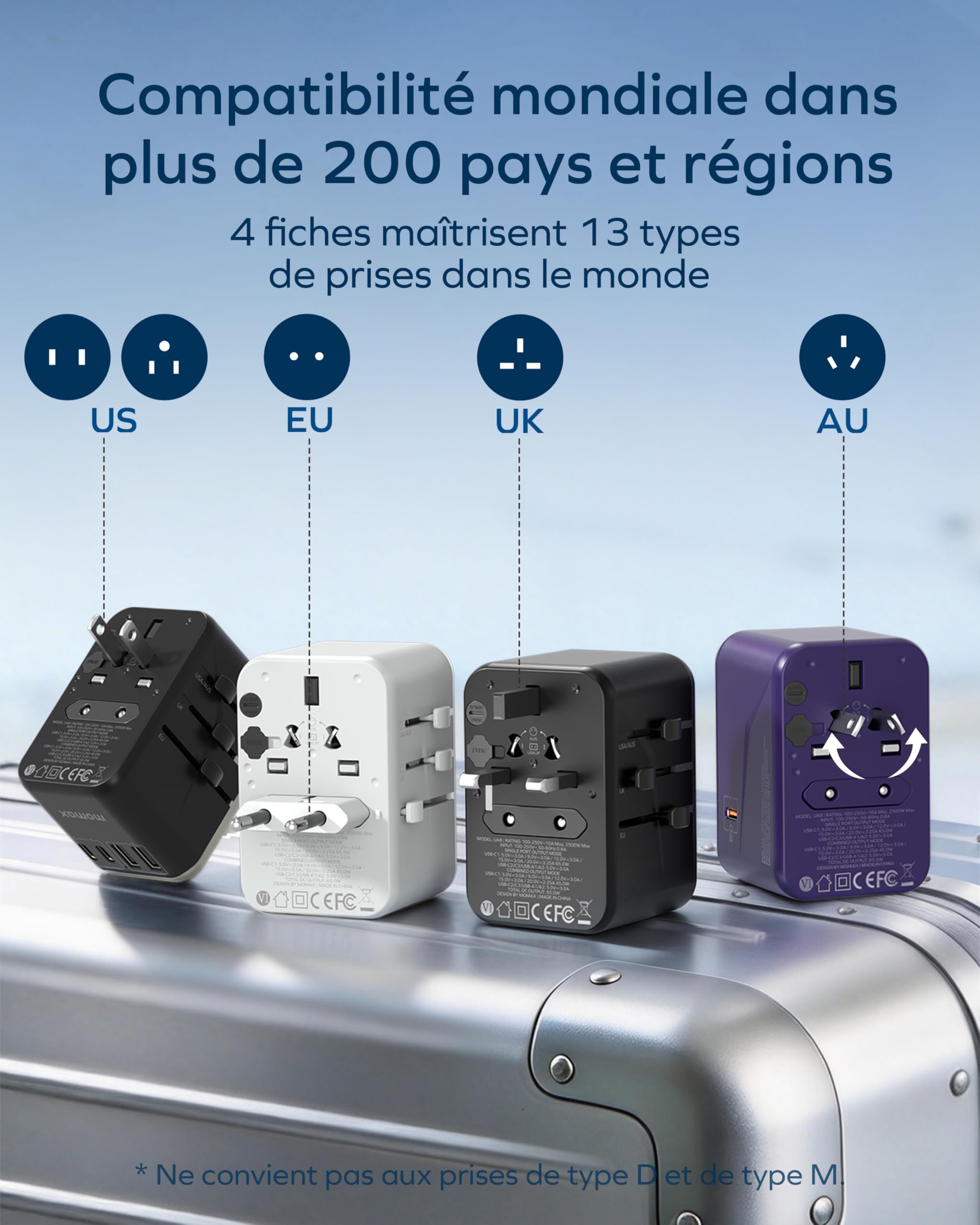 MOMAX Adaptateur Prise Universelle, Adaptateur Voyage avec GaN 70 W 3 USB C et 2 USB A, Adaptateur Universel de Voyage France vers Anglaise UK Irlande USA Canada Australie Chine Japon Thaïlande