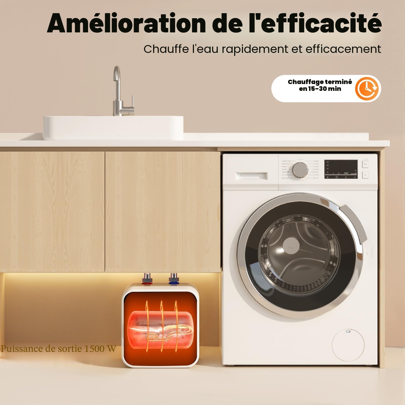 Chauffe-eau sous évier 8 l - Chauffe-eau électrique - 1500 W 220 V - Chauffe-eau sous évier 30-65 °C - Pour lavabo, cuisine, salle de bain