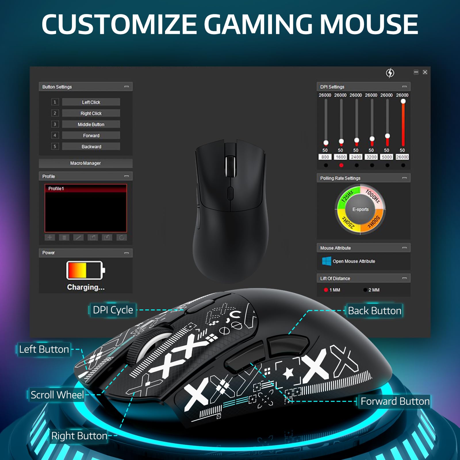 MAMBASNAKE x Attack Shark R1 Mouse da gioco wireless leggero a tre modalità da 59 g con adesivi antiscivolo, connettività 2,4 GHz/BT/cablata, 6 DPI regolabili fino a 18000, PAW3311-Nero