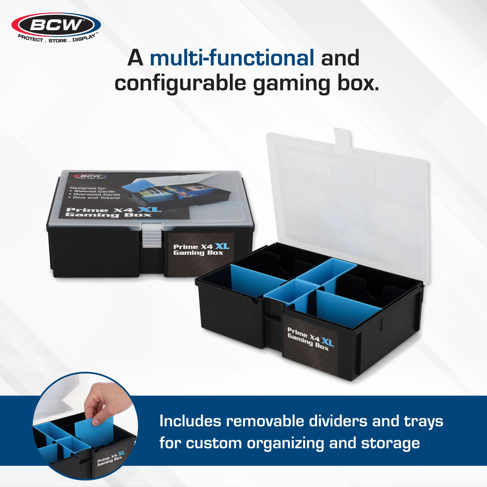 BCW Prime X4 XL Gaming Box | Spielkarten-Aufbewahrungsbox für Decks und Spielzubehör, inklusive herausnehmbaren Trennwänden und Würfelablagen | Sammelkarten-Aufbewahrungsbox für Gaming | Pokemon, MTG,