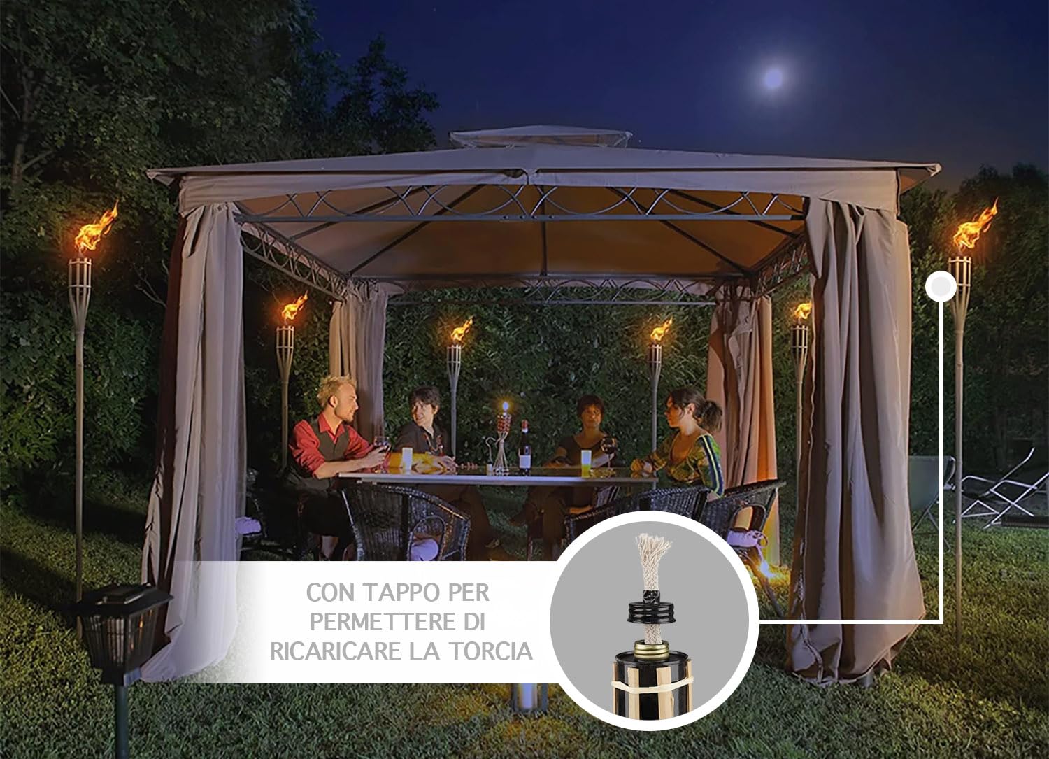 IlGruppone Set 8/12 Pezzi Torcia Grande da Giardino in bambù XXL Olio Contenitore in Metallo 90/120/150 Cm Lampada Candela con Stoppino Fiaccola Torcie Esterno Feste Eventi - 8 Pezzi 150 Cm