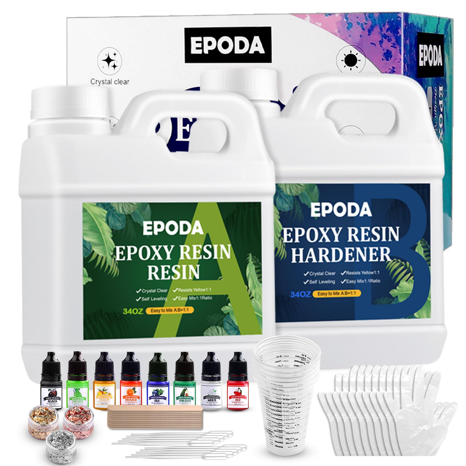 EPODA Epoxy Resin Kit and Hardener 68oz/2L, Bubble Free Casting, Clear Resin for Crafts with Measuring Cups, Sticks, Gloves, Pigment and Dropper Pipette