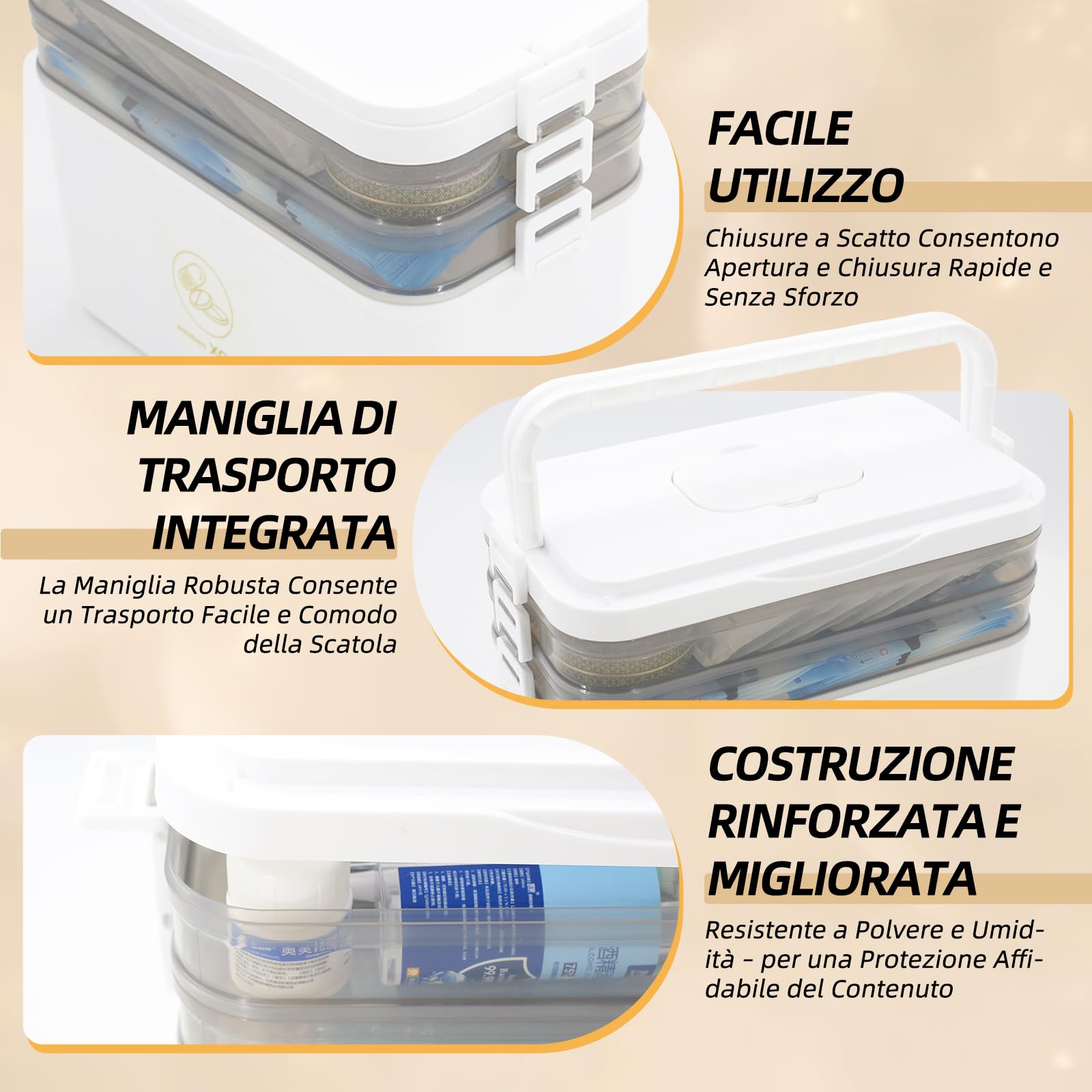 Grande scatola per medicinali a tre strati con maniglia per il trasporto, kit di pronto soccorso, scatola multifunzione portatile, adatta per l'organizzazione di farmaci, materiale di primo soccorso e
