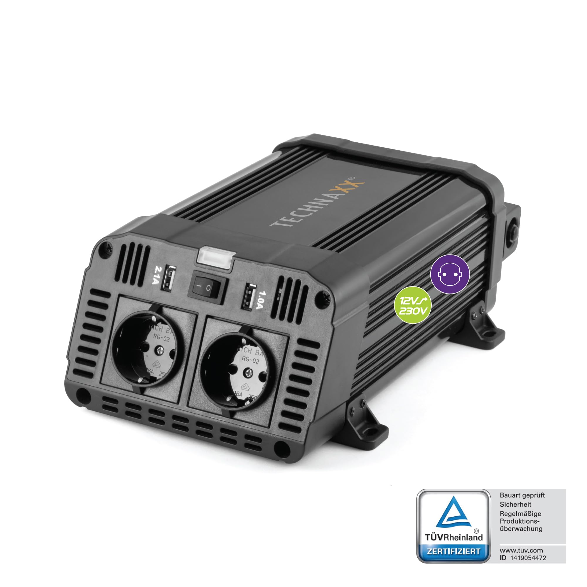 Technaxx KFZ Wechselrichter 12V auf 230V 1200W (2400W Spitze) – TÜV zertifizierter Spannungswandler mit 2x Schuko-Steckdose & 2x USB 5V/3,1A – Inverter für Auto, Wohnmobil, Camping, Boot, LKW – TE16