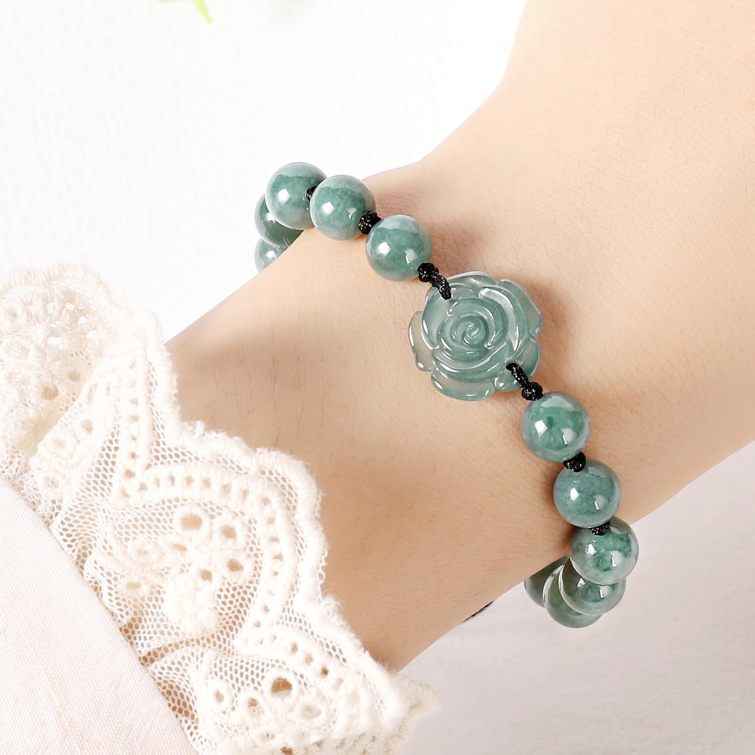 Real Jade bracelet for Women, Natural Jadeite Handmade Carved Peach Blossom Stretch Beaded Beads Jade Bangle Jewelry, Stress Relief Feng Shui Prosperity Blue-Green Jades bracelets,for Valentine's,Mother,Christmas - Image 7