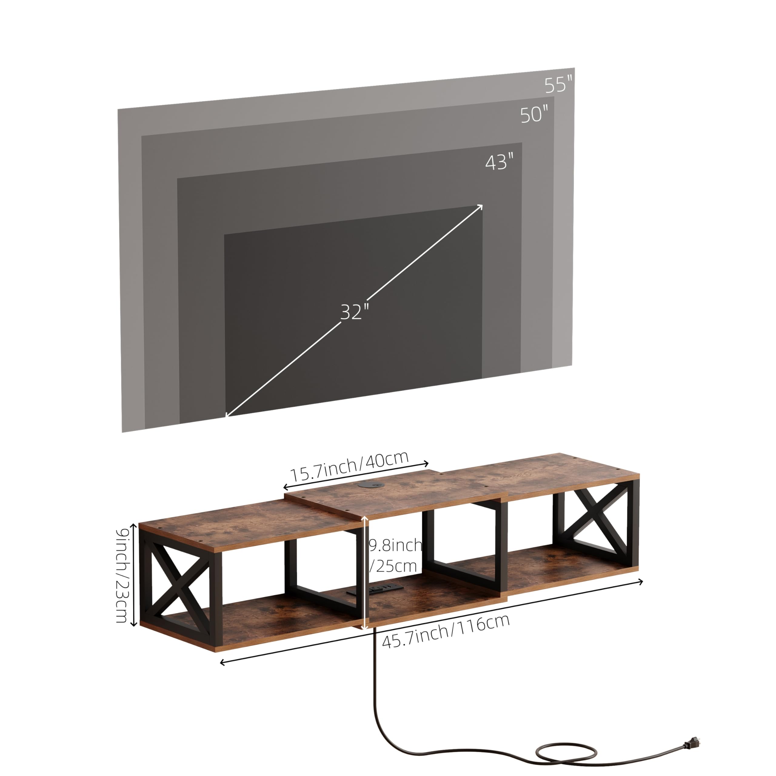 Soporte de TV flotante con tomas de corriente, consola de entretenimiento montada en la pared con luz LED, estante de TV flotante para almacenamiento debajo del televisor (marrón rústico, 46 2