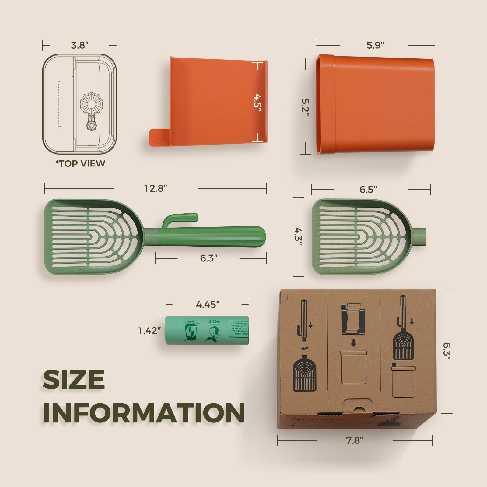 MUTTROS Cuchara de arena para gatos con 2 cucharas compostables reemplazables, pala de arena con soporte para caja de arena, el tamiz para gatos incluye 1 rollo de bolsas de arena para gatos y bolsa