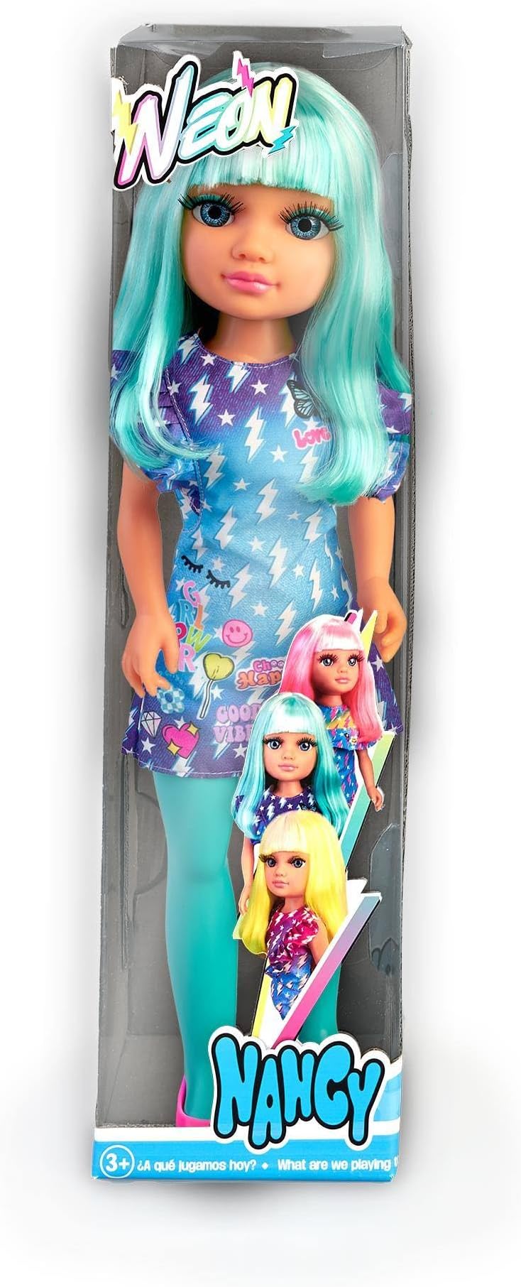 Nancy - Neon Blue, doll with striking neon blue hair, with fringes and straight hair to comb and make different modern looks, matching stockings and make-up, 3 years old, Famosa (NAC23100)