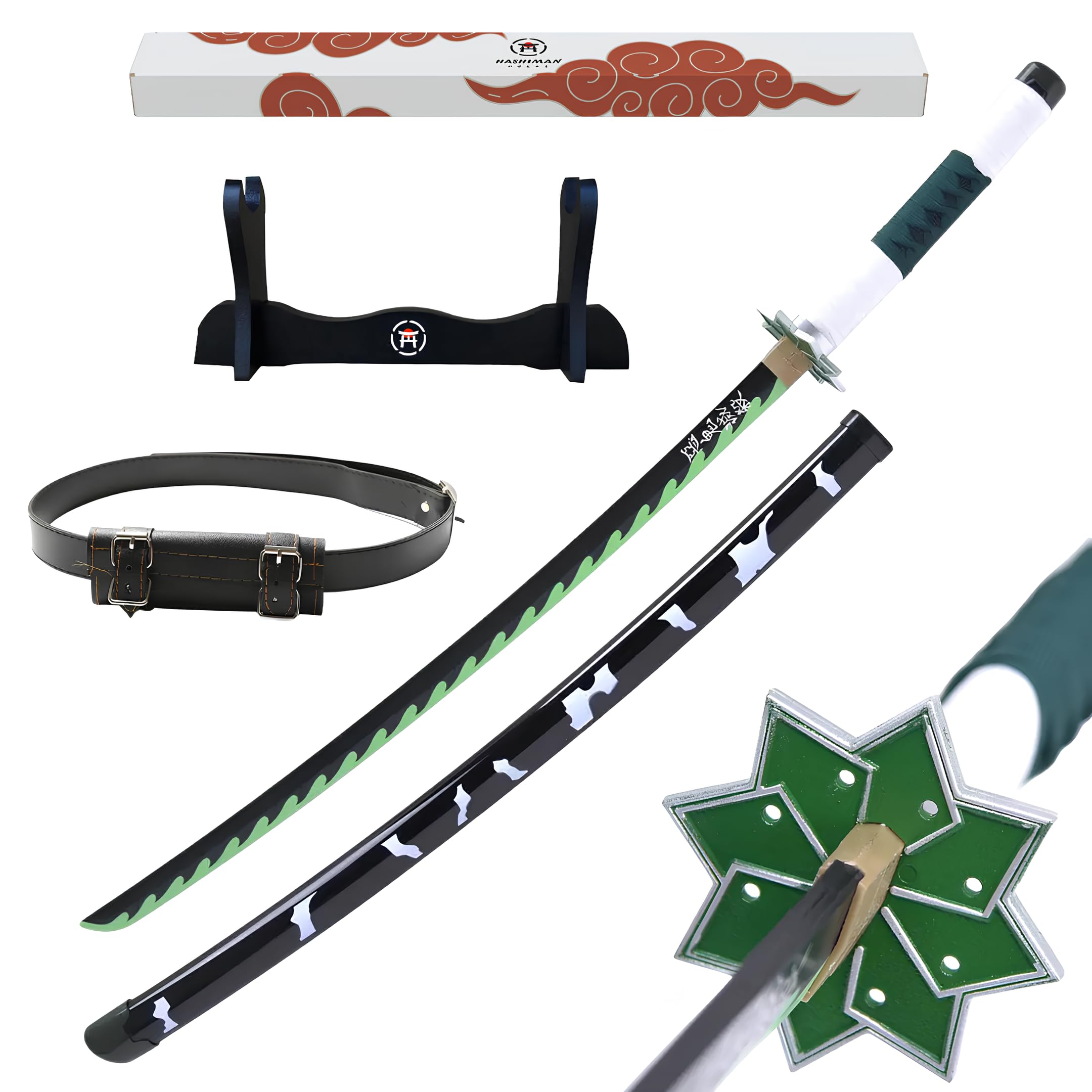 Katana Demon - Vera Manga Sciabola + Porta Spada di Legno + Cintura - Catana Giapponese Decorazione Cosplay Giocattolo per Bambini Adulti Gioco Costumi