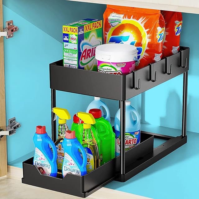 OITUGG Under Sink Storage 2 Tier - Under Sink Organiser with 4pcs Hooks - Under Sink Shelf - Support Slide Out Bottom Layer Shelf - Under Sink Storage kitchen Organiser Black (Size 39x21x33cm)