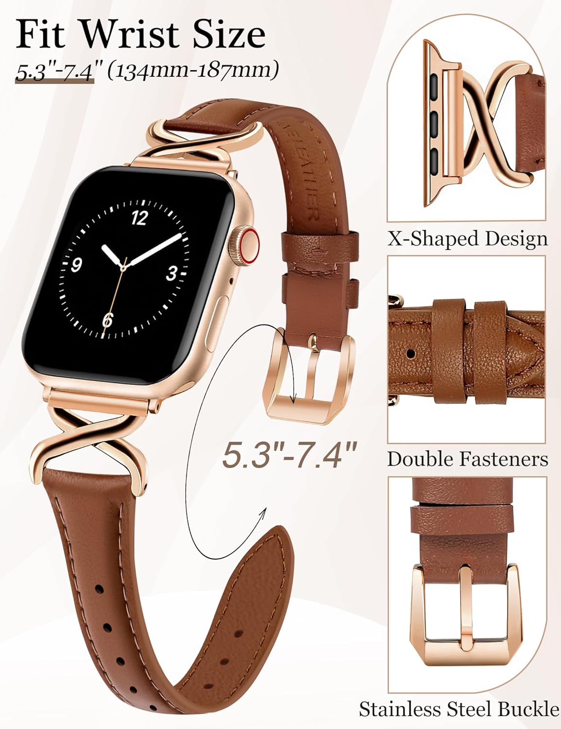 JR.DM Leather Bands Women Compatible with Apple Watch 40mm 38mm 44mm 45mm 41mm 42mm 46mm 49mm Dressy Thin Designer Strap with X-Shaped Metal Crown for iWatch Series Ultra/SE/11/10/9/8/7/6/5/4/3/2/1 Brown - Image 2