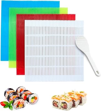 4PCS Plastic Non-Stick Sushi Rolling Mat, Homemade Sushi Roller Maker Making Kit with Rice Paddle, Japanese Sushi Cooking Mat for Home Kitchen DIY