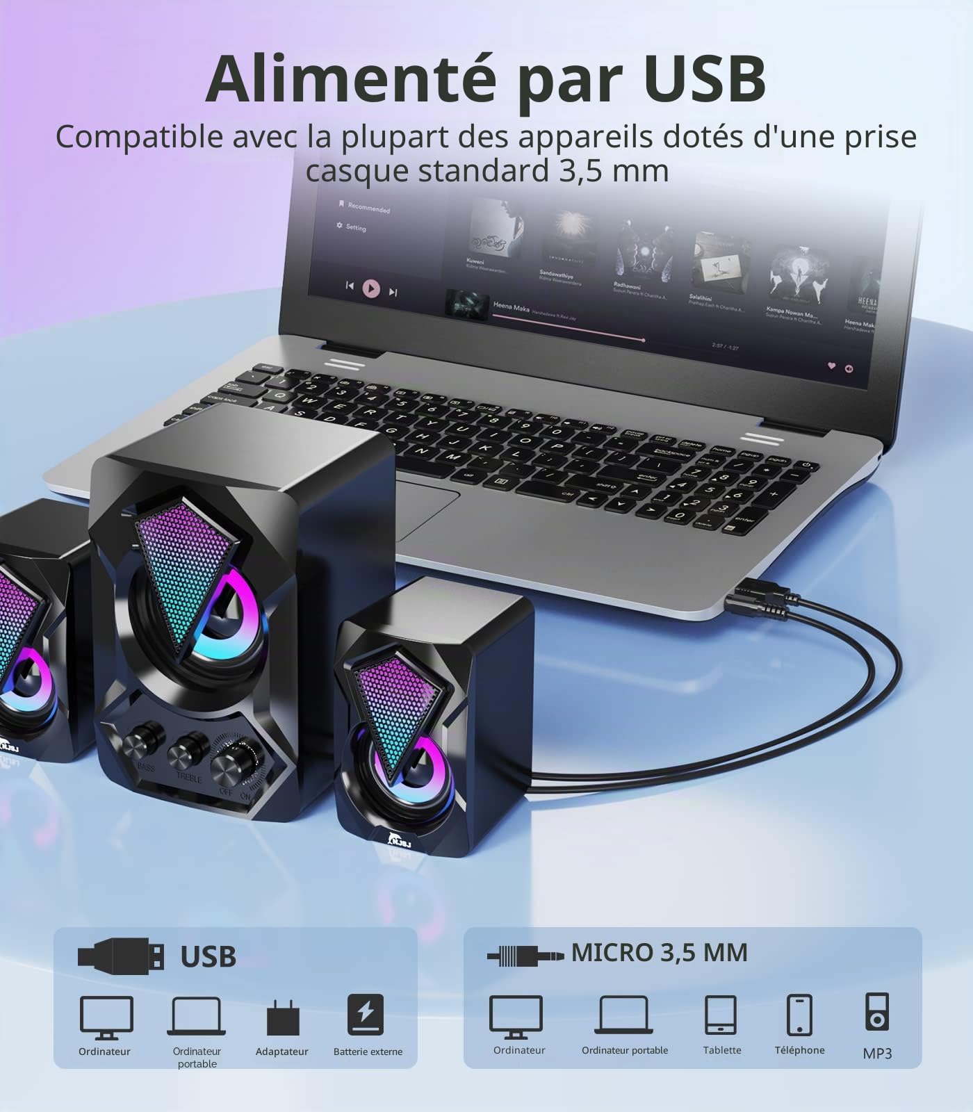 njsj 2.1 Enceinte PC avec Caisson de Basses, Système d'enceintes de Jeu LED RVB Son Riche, Audio 3,5 mm, Basse alimentée par USB pour PC, PS4/5,TV, Smartphone,Tablette,Lecteur