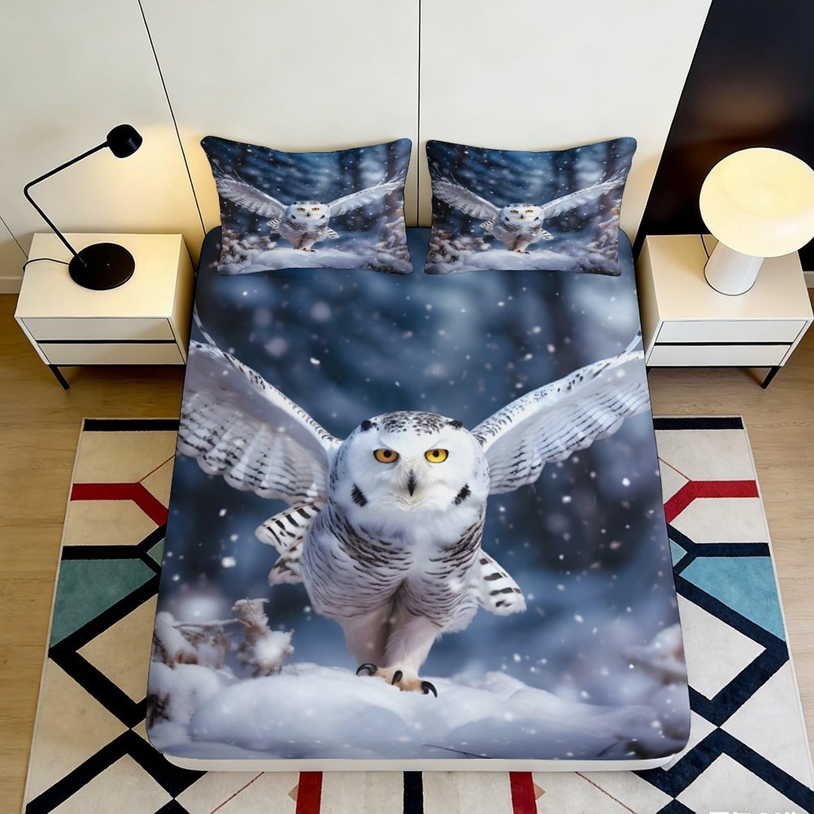 Pnayamiorkfel Style-9 3D Printed Snowy Owl Fitted Sheet Microfiber Soft Anti-Slip Winter Forest Bed Cover For Bedroom Guest Room Decor 90X200x25cm