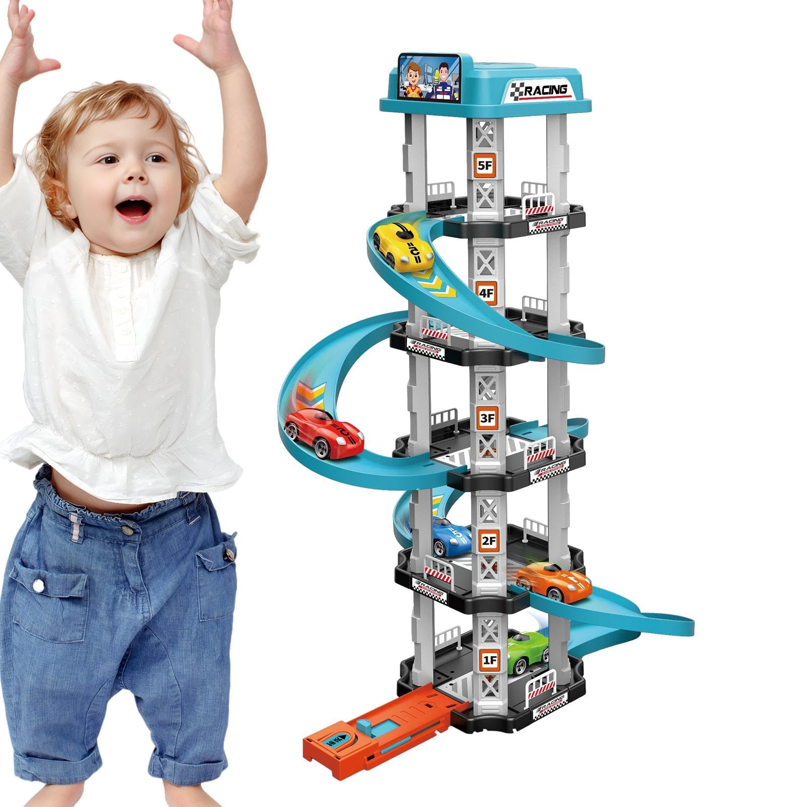 Dranng Rampa para Coches de Juguete,Garaje para Coches de Juguete - Juguete de Pista de rampa de Coche de Carreras | Pista de Carreras de Autos para niños pequeños de 1 a 3 años con 2 Autos, Juguetes