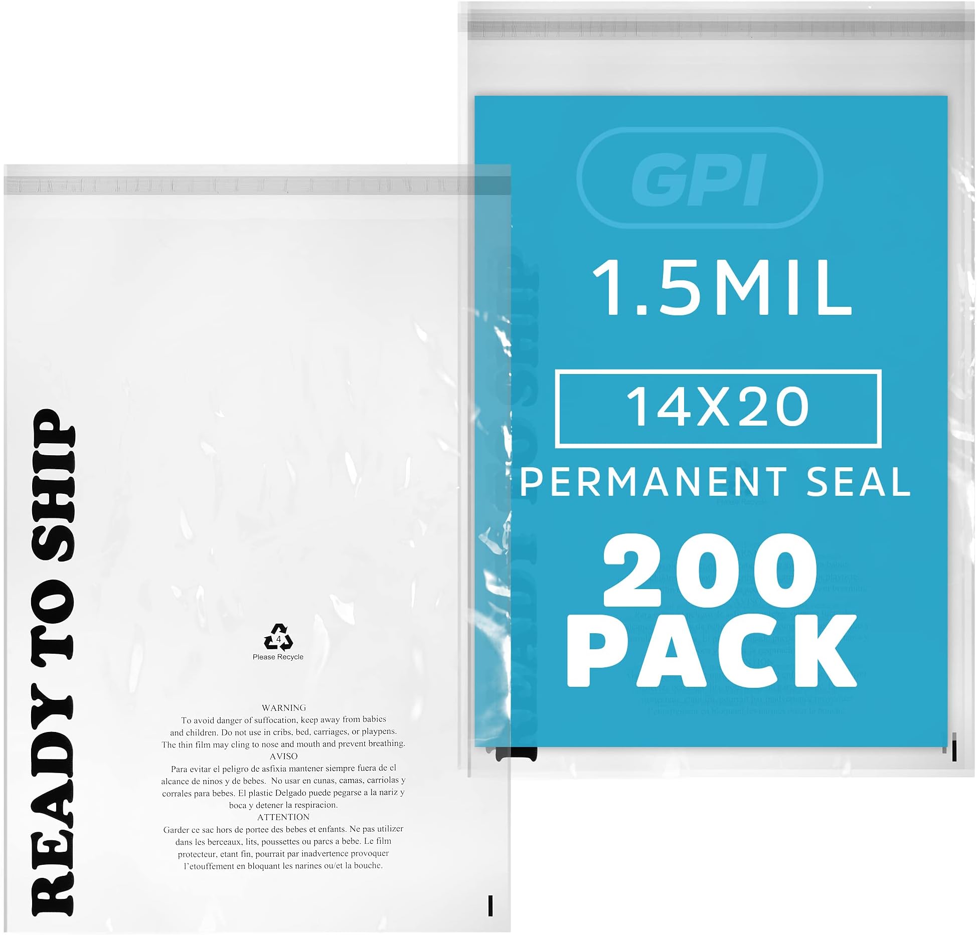 GPI - PACK of 200 14" x 20", CLEAR SELF SEAL POLY BAGS - 1.5 mil Polybags With Permanent Adhesive Strip & Suffocation Warning For Packaging T Shirts & Clothing. Perfect for Shipping Supplies With FBA