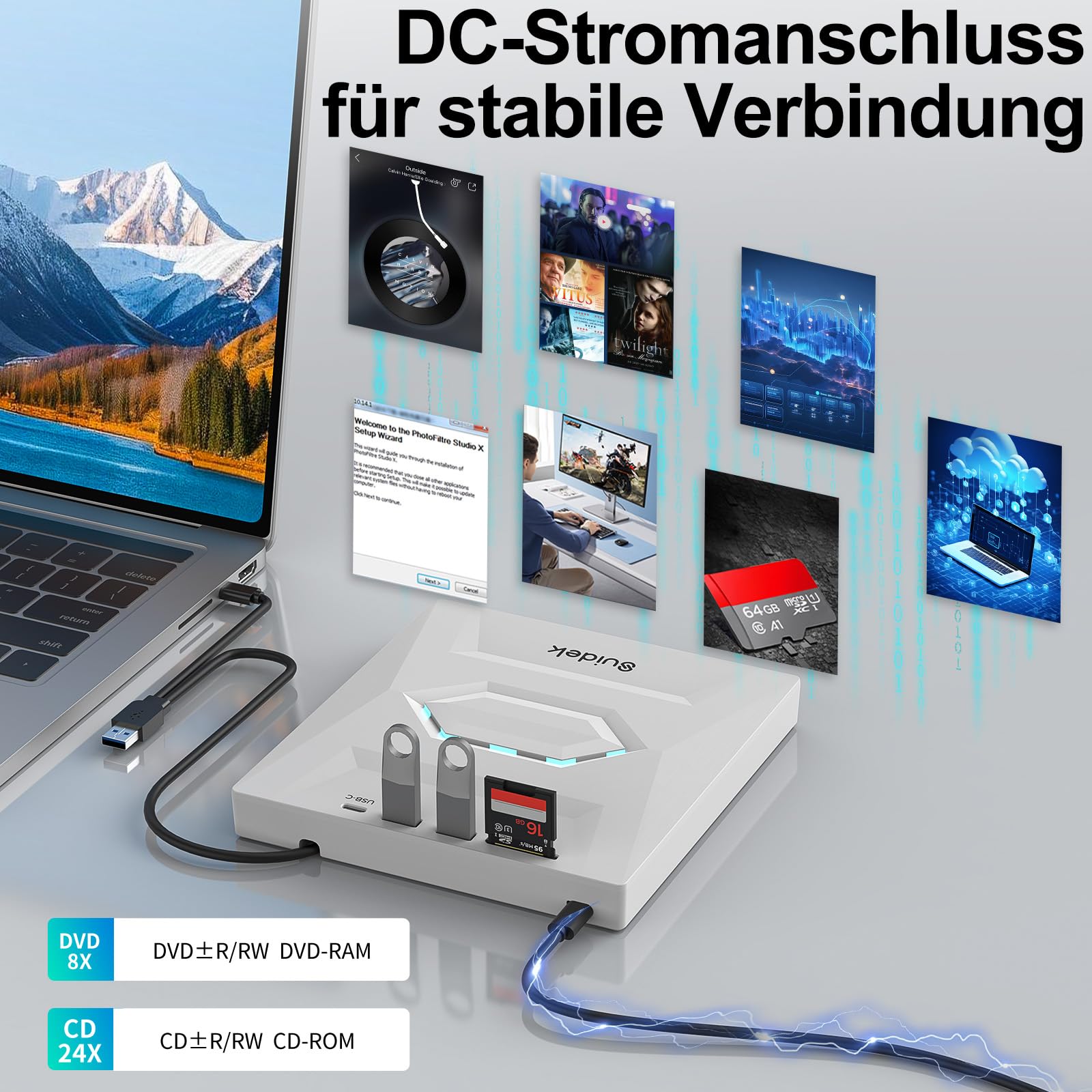 SUIDEK Externes CD DVD Laufwerk für Laptop, Ultra Slim Portable USB C CD/DVD +/-RW Brenner DVD Player für Laptop mit SD Kartenleser USB 3.0 Typ C Hub für Desktop PC Windows Linux