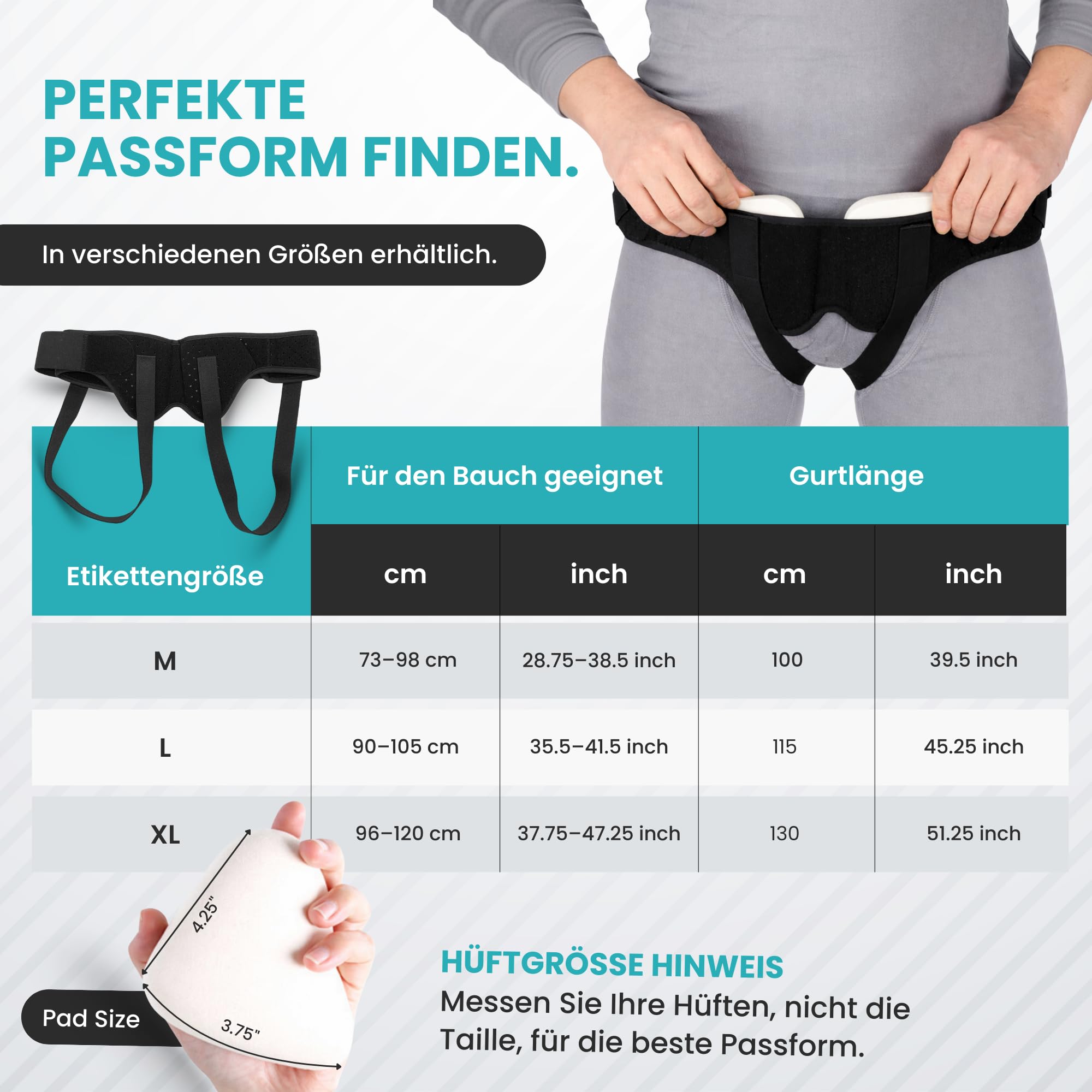 BeFit24 Leistenbruchgürtel für Männer mit 2 medizinischen Silikoneinlagen | Leistenbruch Herniengürtel Herren Bruchband komfortabel diskret elastisch PU-Polster Größe L verstellbar (90–105 cm)