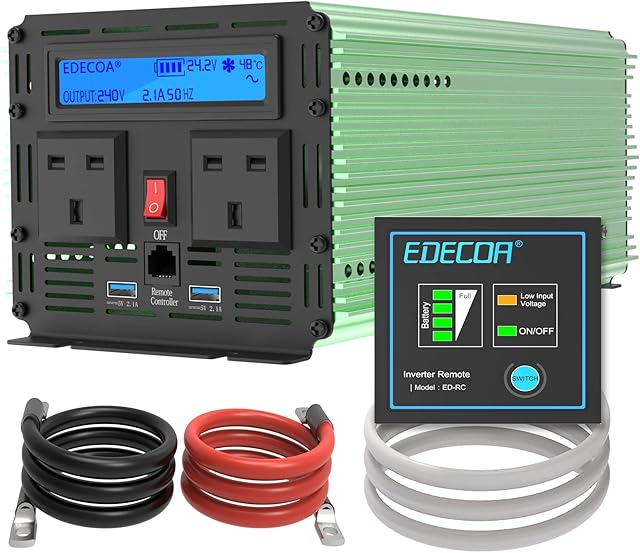 EDECOA 2000w 24v Pure Sine Wave Power Inverter 24v DC to 240v AC, Truck Voltage Converter 4000 Watts Peak with Dual AC Sockets, 4.2A USB Ports and Remote Controller