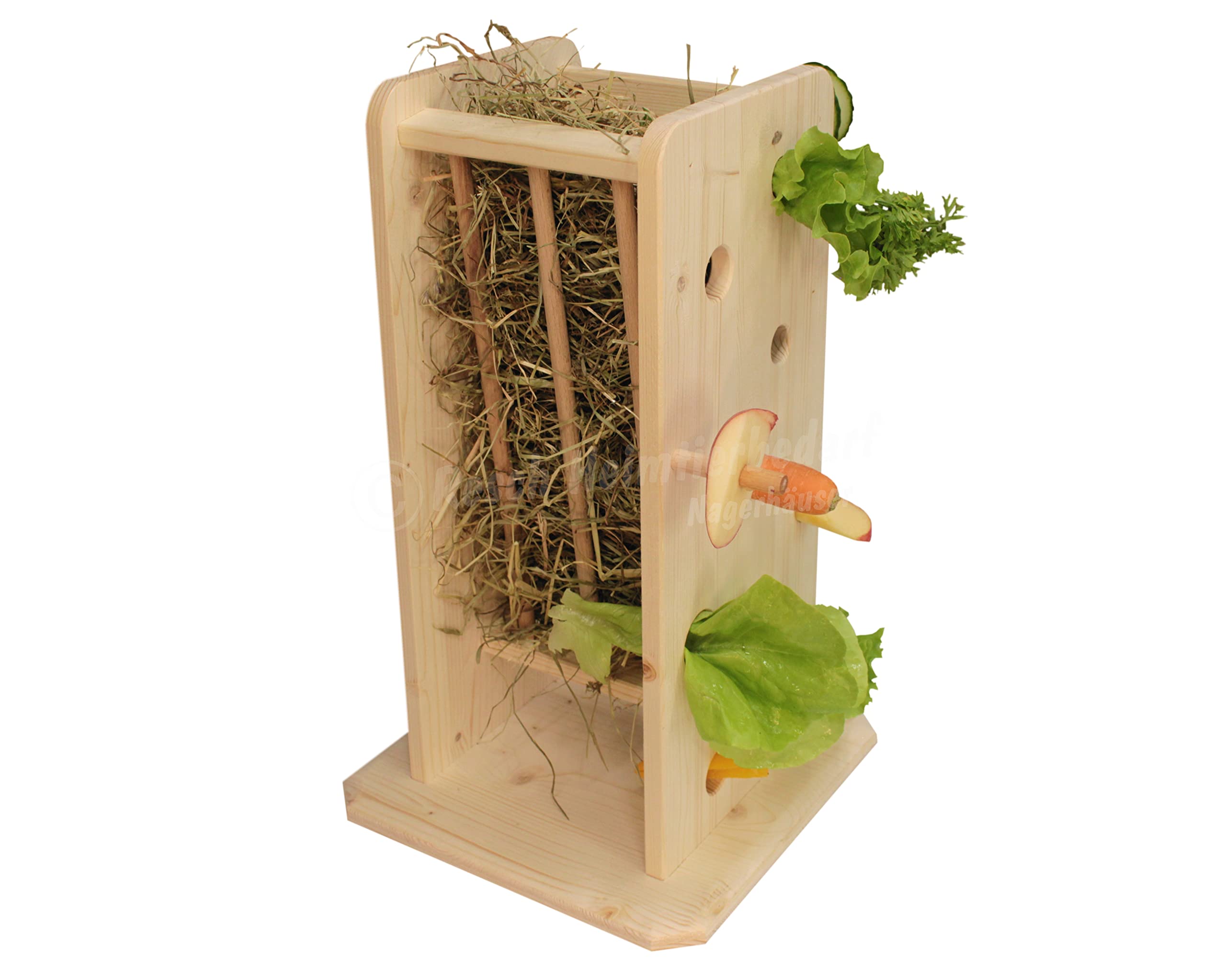 Resch Nr43 Futterturm, naturbelassenes Massivholz aus Fichte/Lochwände und Rundstäbe zum stecken oder hängen der Snacks/mit Großer Heuraufe von Zwei Seiten zugänglich /24,5 x 40 x 24,5cm (LxHxB)