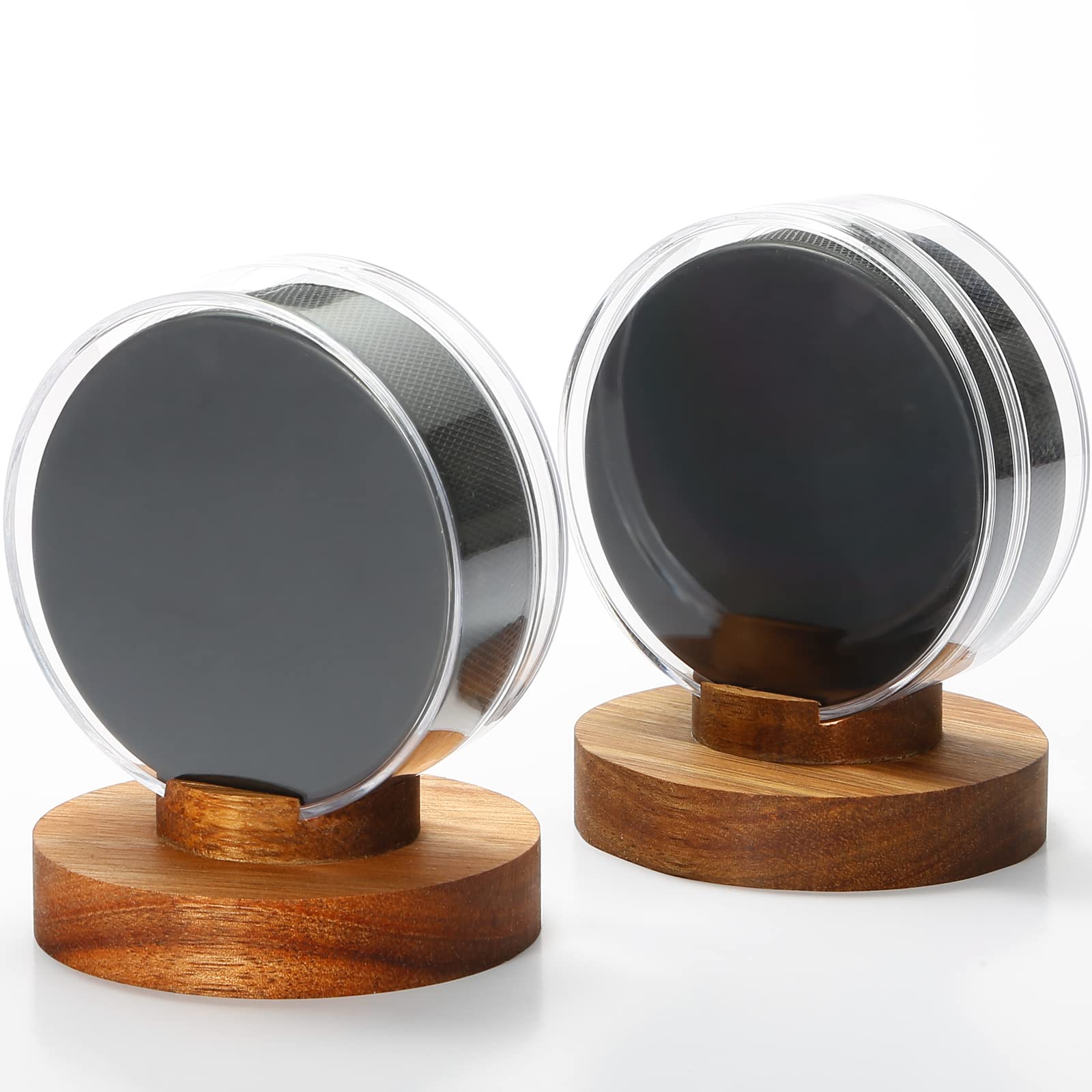 JupDec Hockey Puck Display Case Acrylic Clear Holder with Wood Base, Autograph Souvenir Display Stand, Perfect Showcase for Your Collection, Brown, 2 Pack