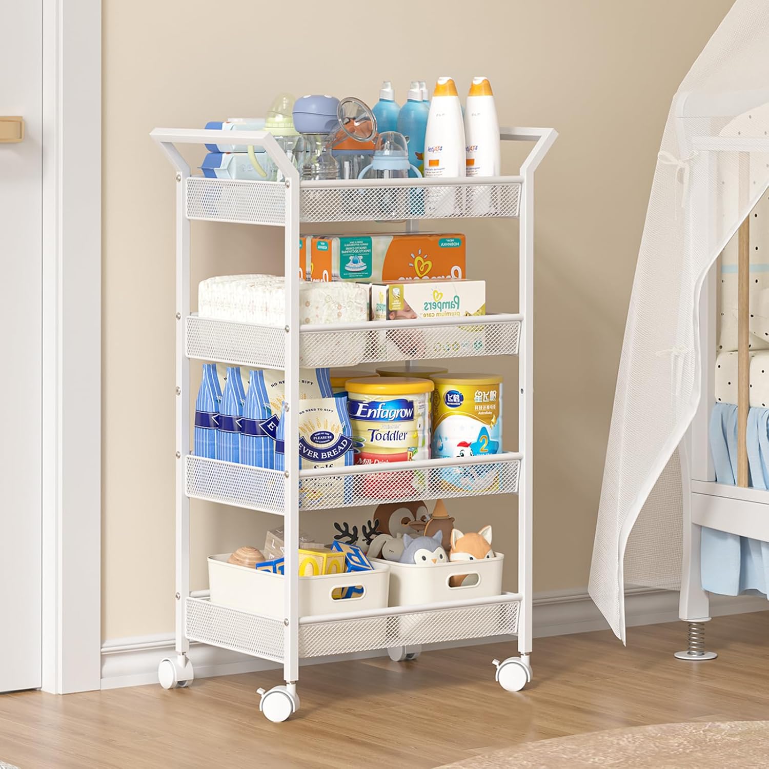 4-Tier Baby Diaper Cart, Diaper Caddy Organizer Cart, Rolling Utility Cart for Baby Supplies, Diaper Caddy Cart with Wheels for Bedroom, Nursery, Changing Table, White Regular