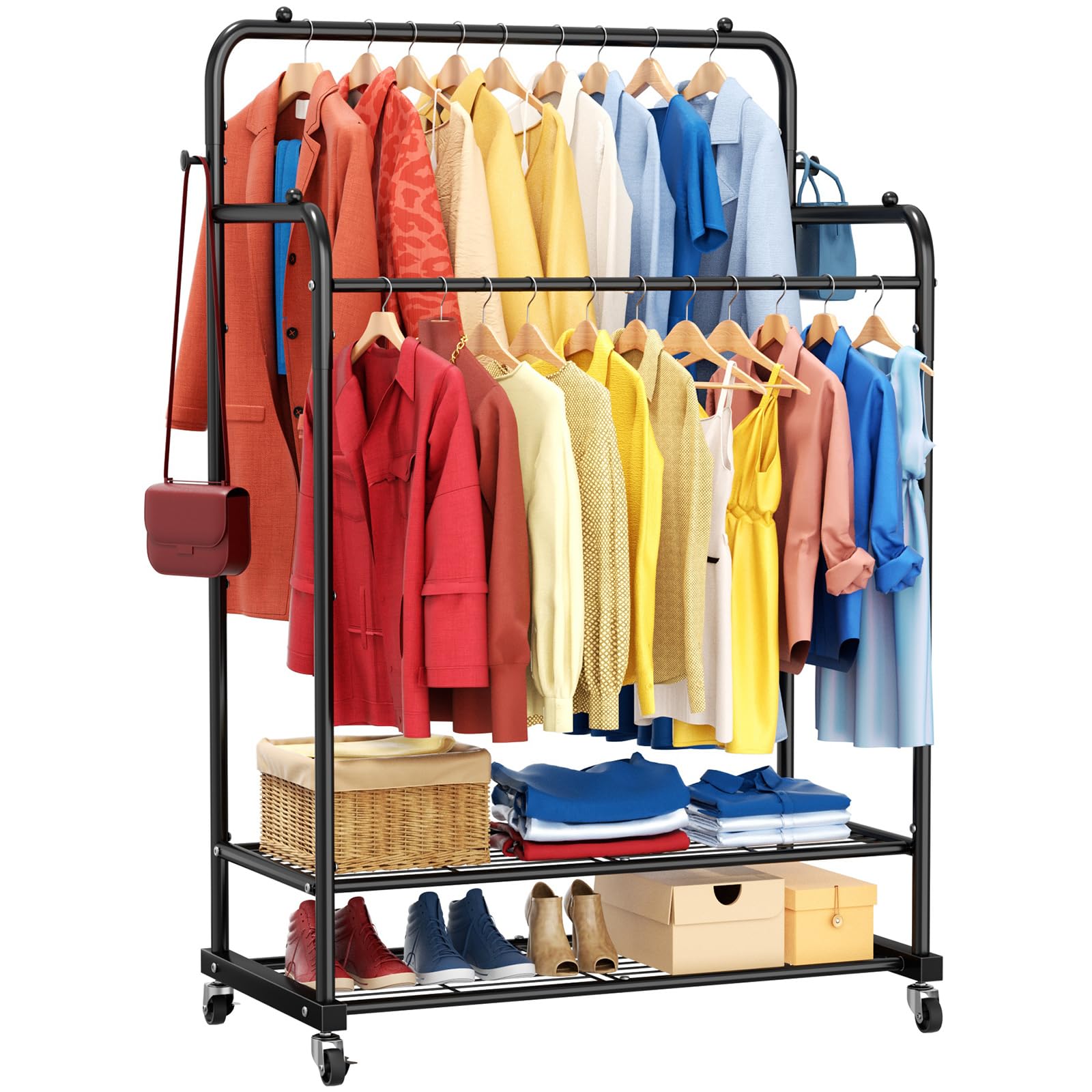 ZHKINGGS Clothes Rail with Shelves Clothes Rack for Bedroom - Double Metal Clothing Rail on Wheels, Portable Clothes Storage Rack for Small Space Rental Use (Black)