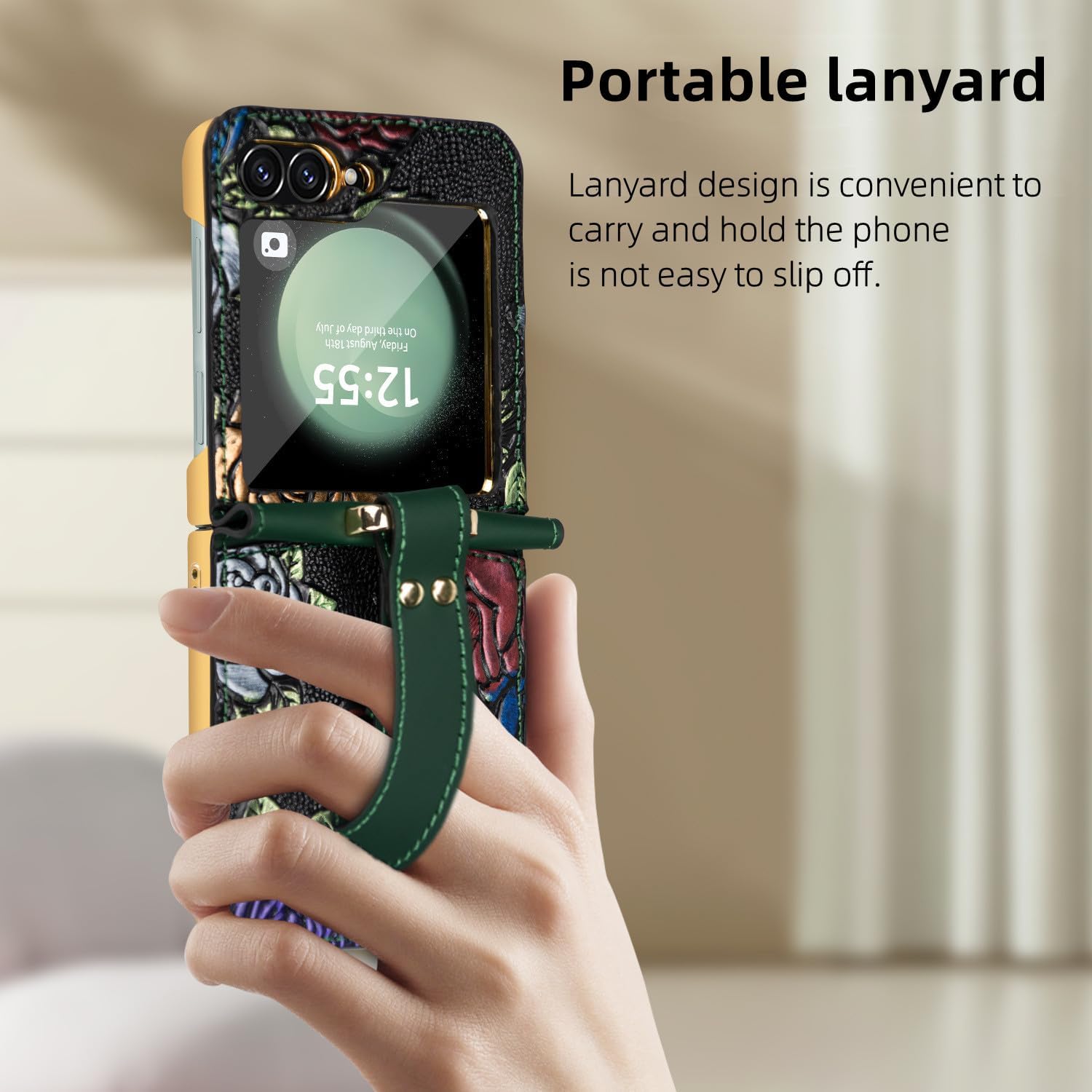 MistWorld Leather Flower Embossed Case for Samsung Galaxy Z Flip6 (2024), Hinge,Front Screen Protector,Lanyard,Electroplated Shiny Bezel,Shock Absorbing Z Flip 6 Women's Case (Green, z flip 6)