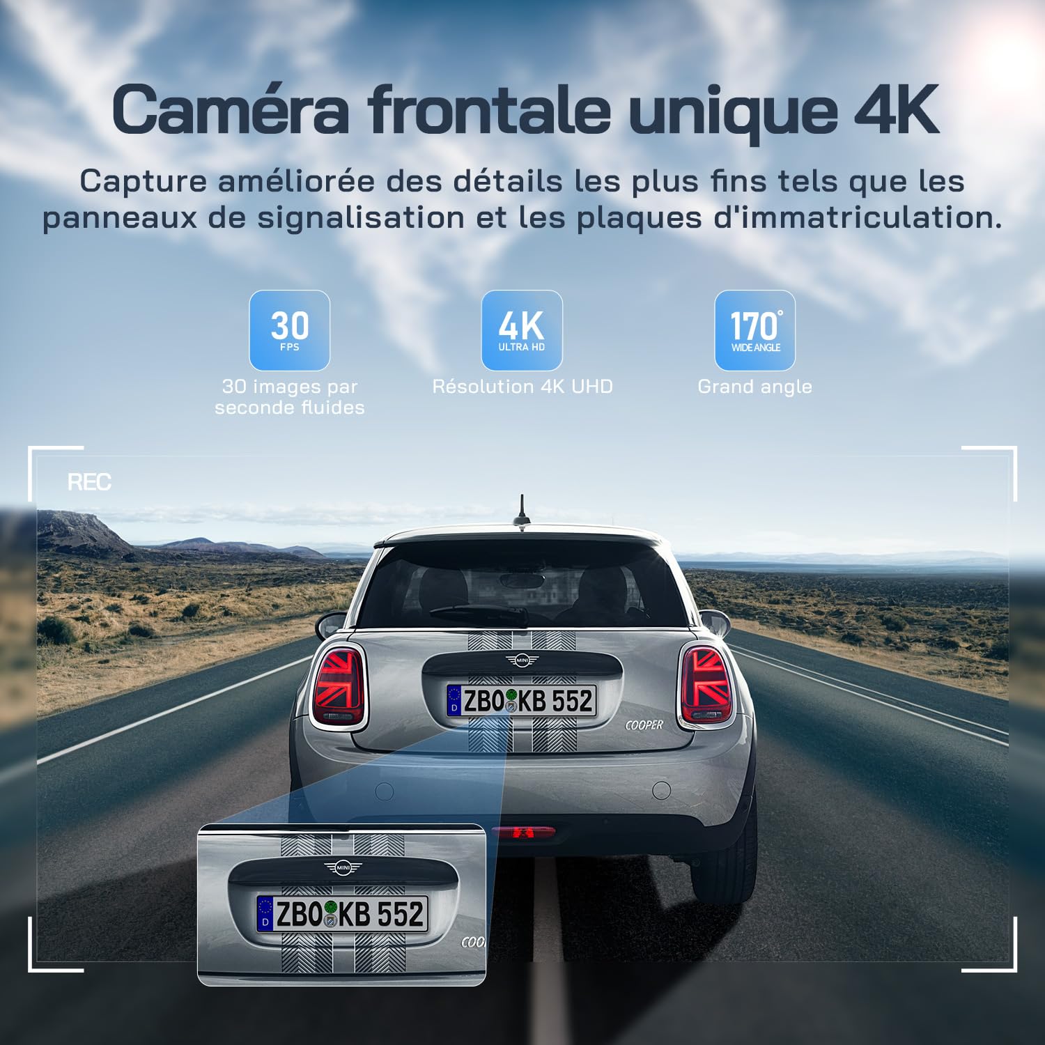 WOLFANG 4K Dashcam Voiture Avant Arrière, Wi-FI Caméra Voiture, Grand Angle 170°, G-Capteur, Mode Stationnement 24H, Vision Nocturne, Enregistrement en Boucle