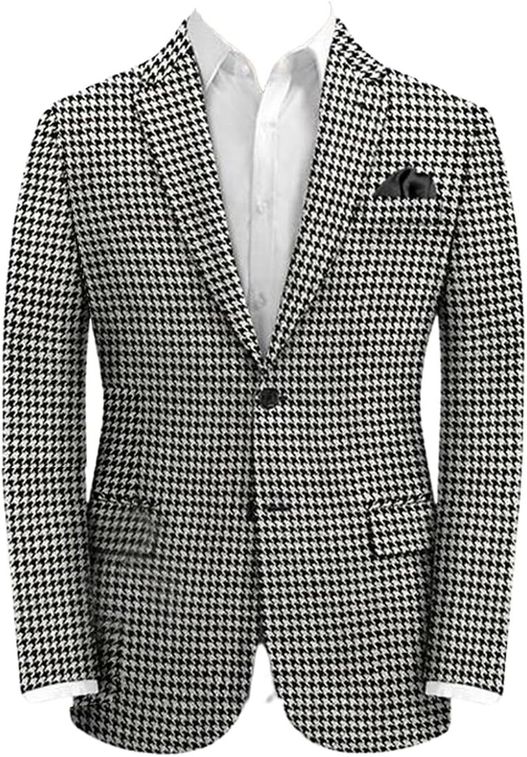 Men's Blazer Houndstooth Suit Jacket Business Casual Outgoing Wedding Comfort Sport Coat