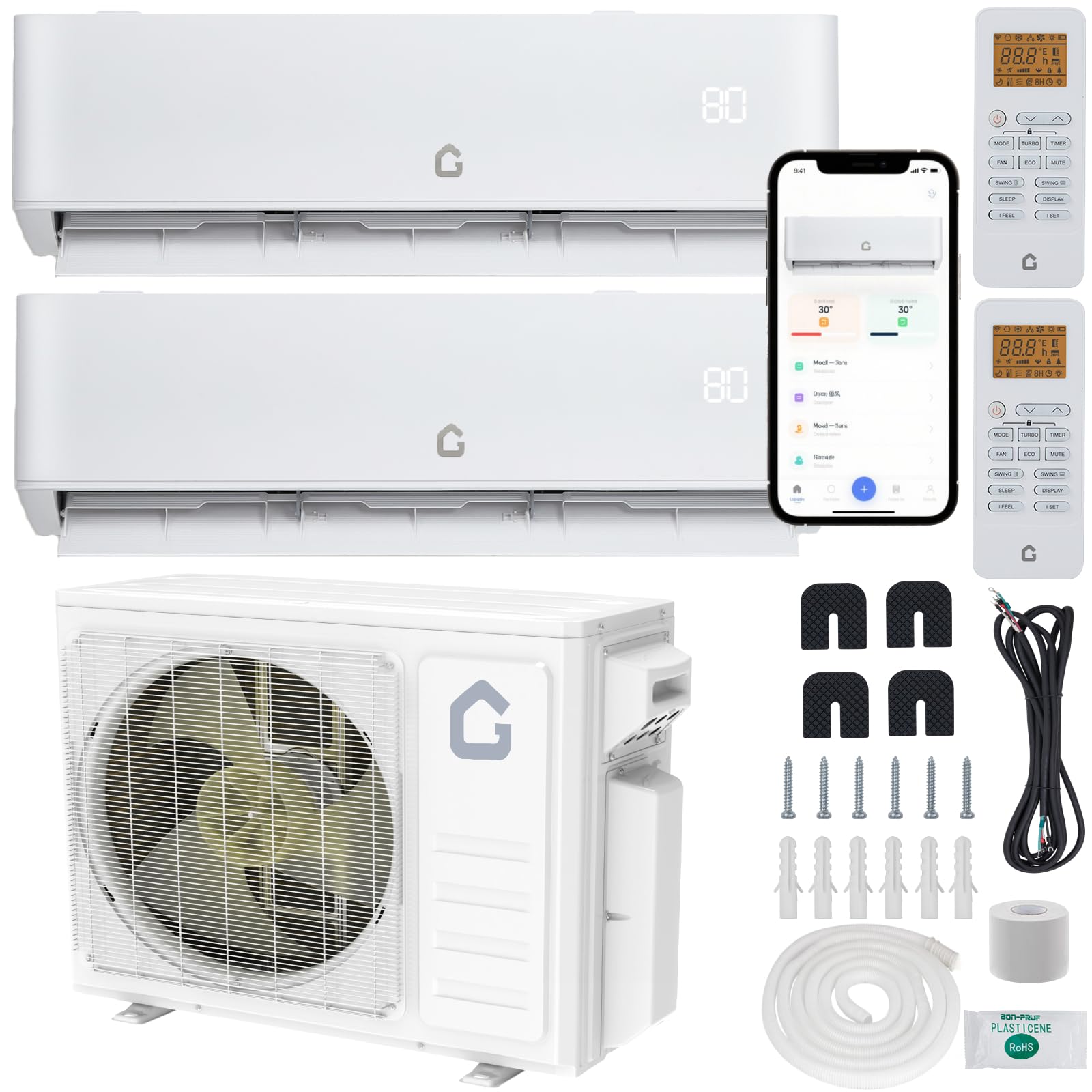 Garvee 20000 BTU Dual Zone WIFI Mini Split AC/Heating System, 20 SEER2 2 Zone 9000+9000 BTU Ductless Split Air Conditioner with Pre-Charged Condenser,